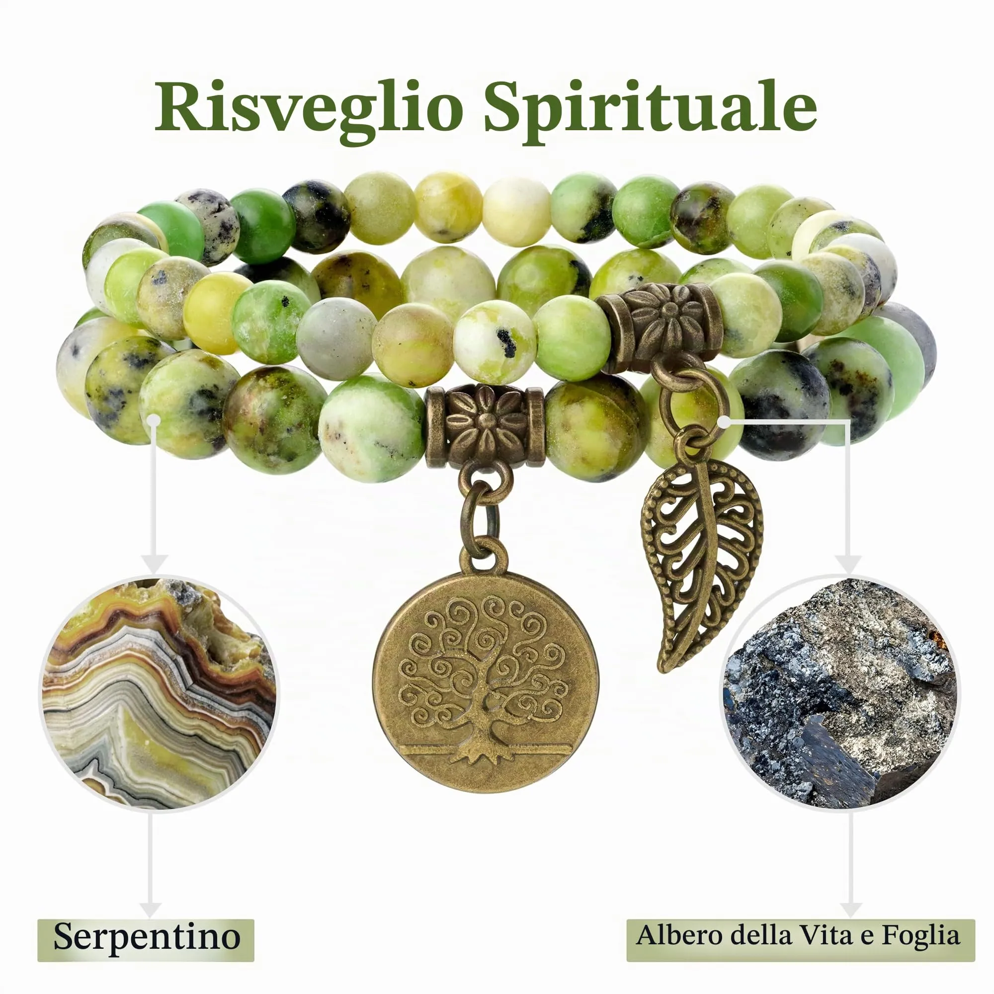 Farfume Bracciali Chakra per Donne in Pietre Naturali Serpentino e Albero della Vita, 18.5cm - immagine 4