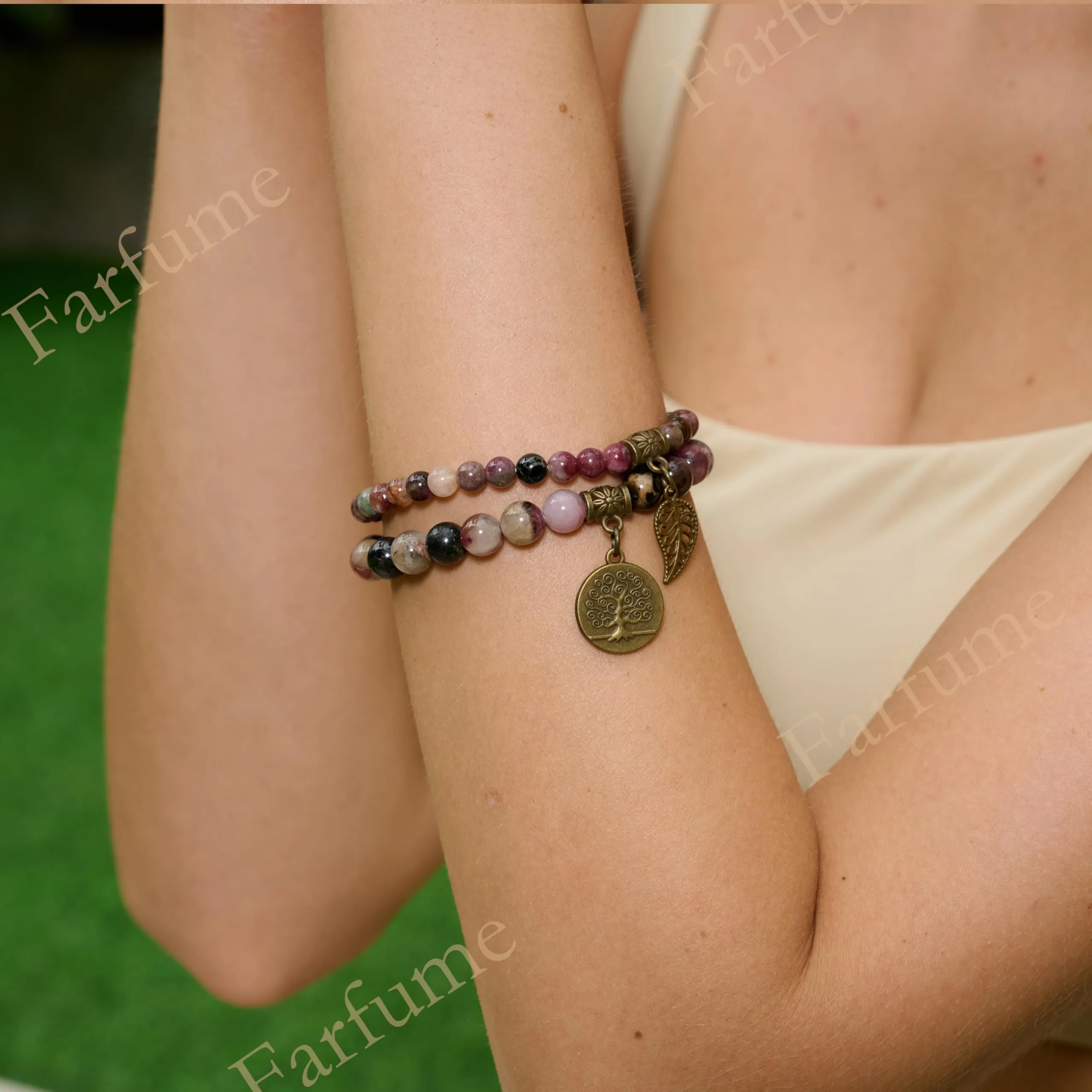 Farfume Bracciali Chakra per Donne in Tormalina Arcobaleno e Albero della Vita, Set Doppio, 18.5cm - immagine 2