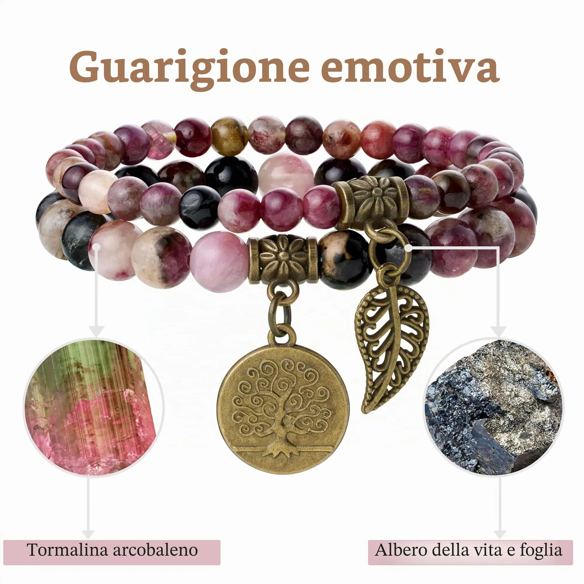 Farfume Bracciali Chakra per Donne in Tormalina Arcobaleno e Albero della Vita, Set Doppio, 18.5cm - immagine 4
