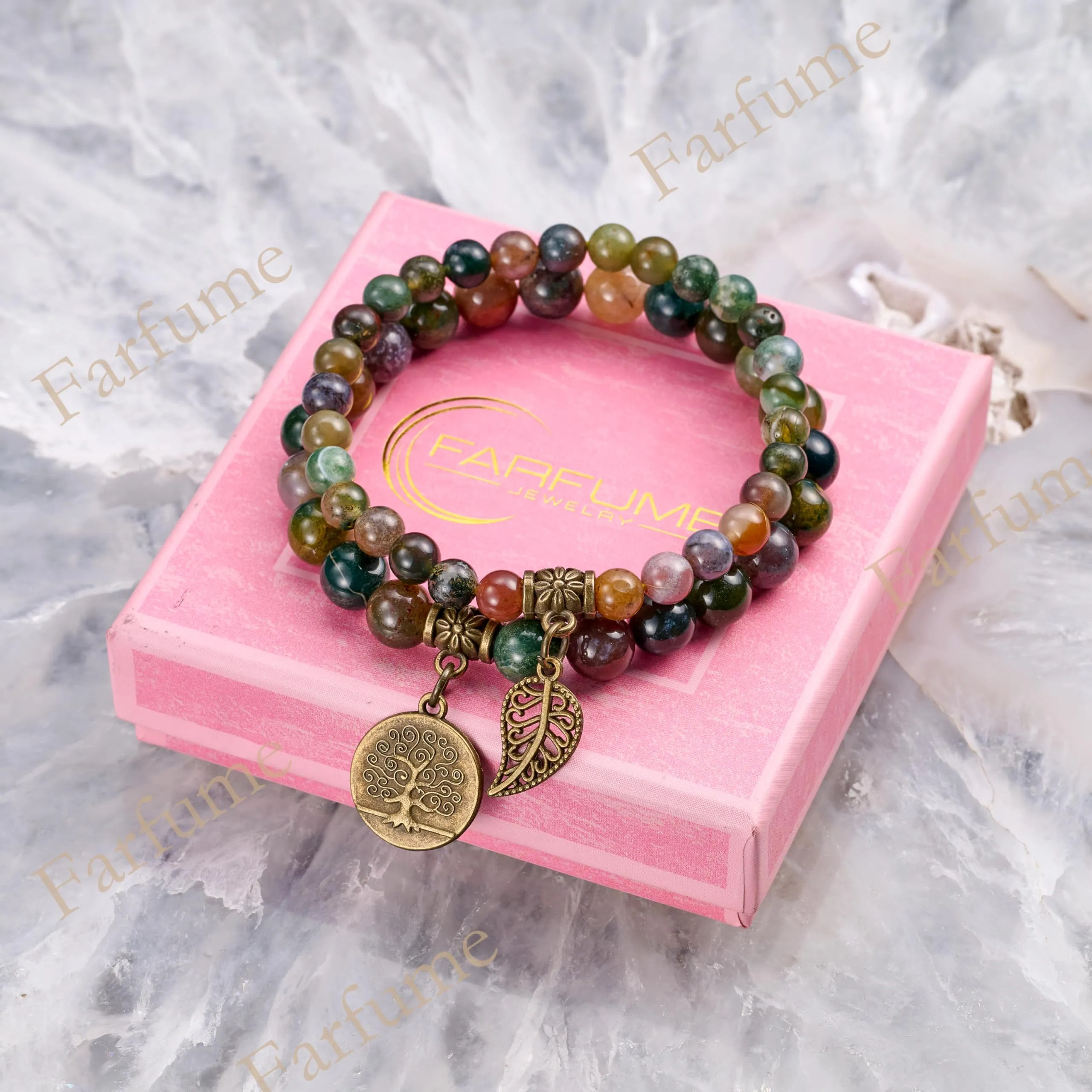 Farfume Bracciali Chakra in Pietre Naturali Agata d'India e Albero della Vita, Set Doppio per Donne, 18.5cm - immagine 6