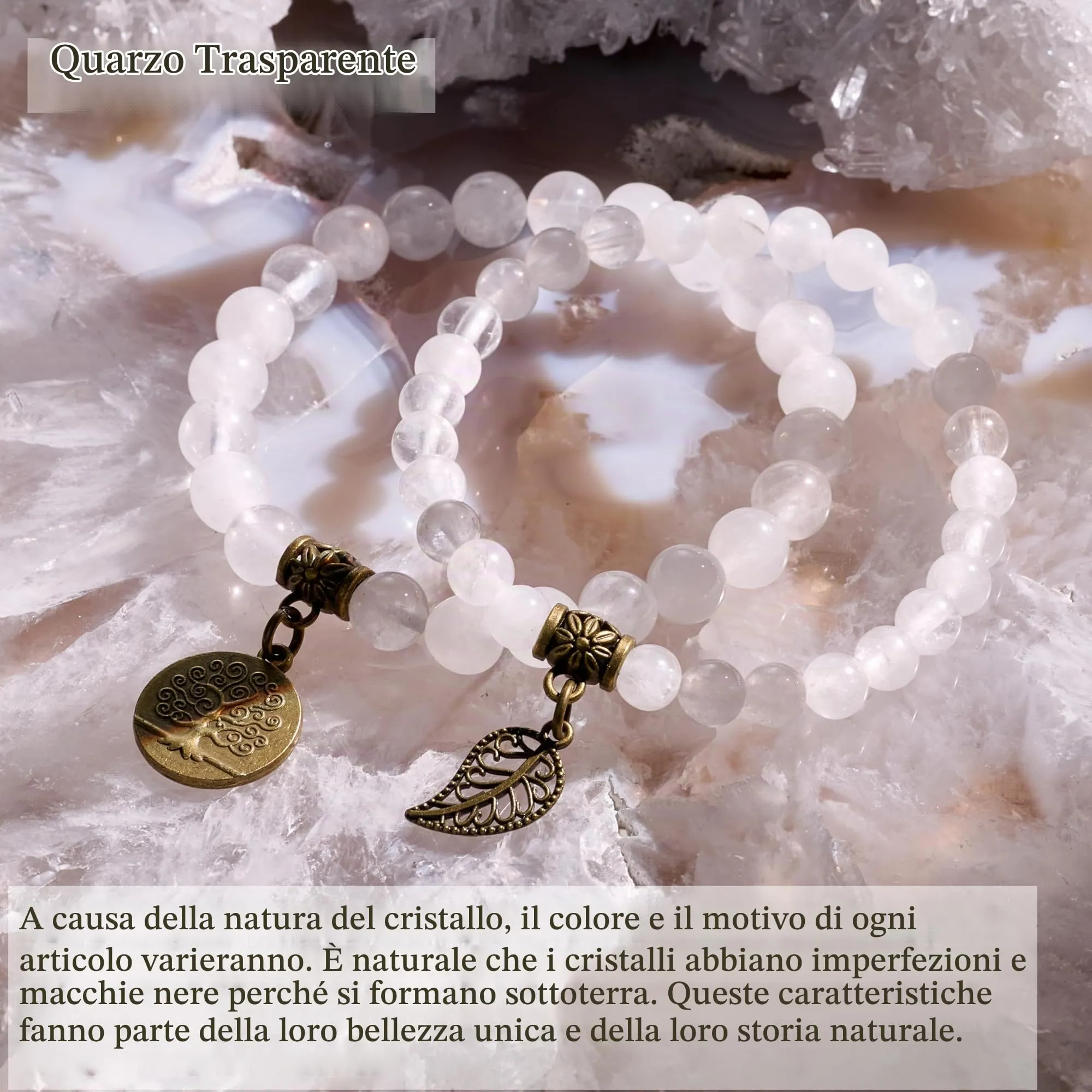 Farfume Bracciali Chakra in Pietre Naturali Quarzo Chiaro, Set Doppio, Taglia Medio 18.5cm - immagine 5