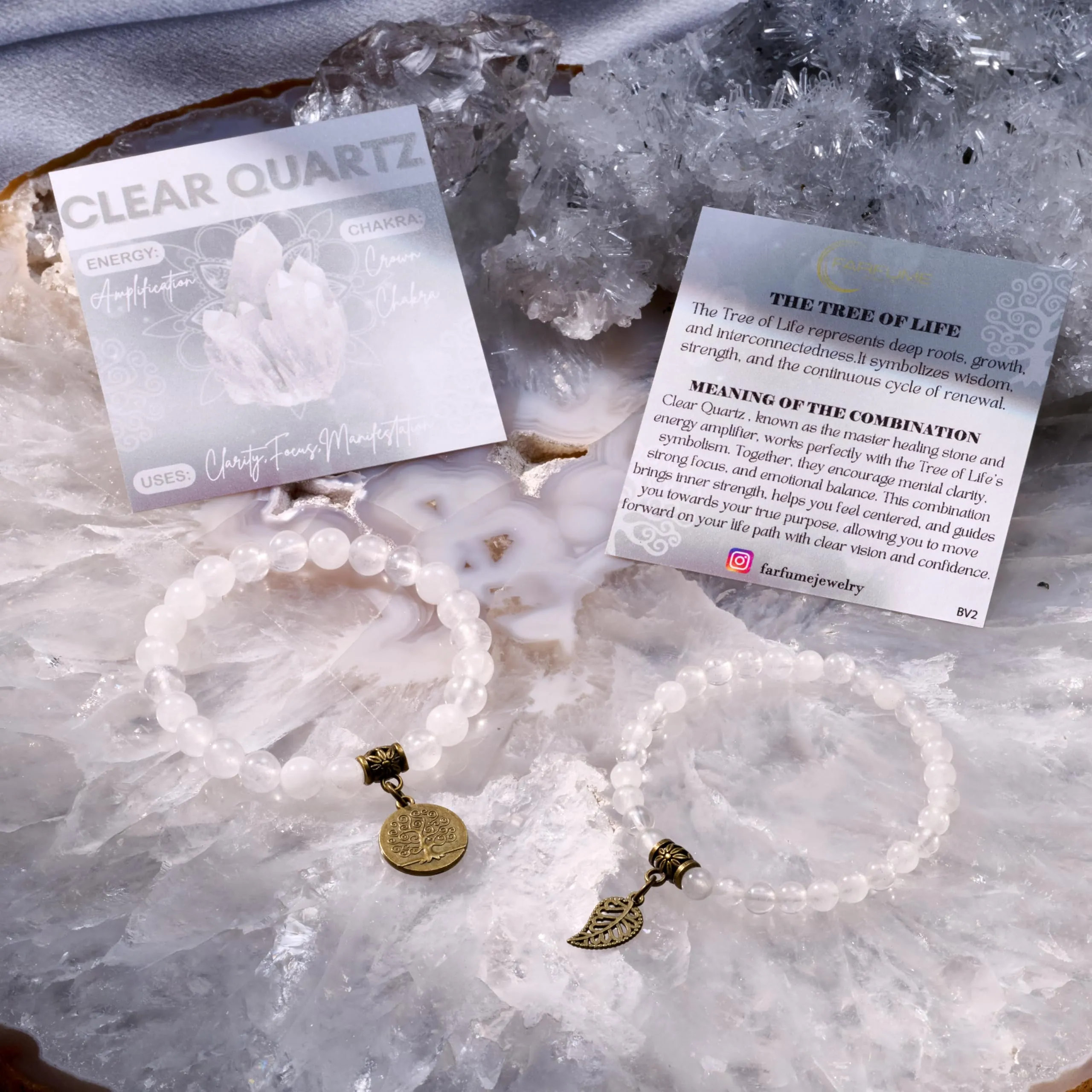 Farfume Bracciali Chakra in Pietre Naturali Quarzo Chiaro, Set Doppio, Taglia Medio 18.5cm - immagine 6