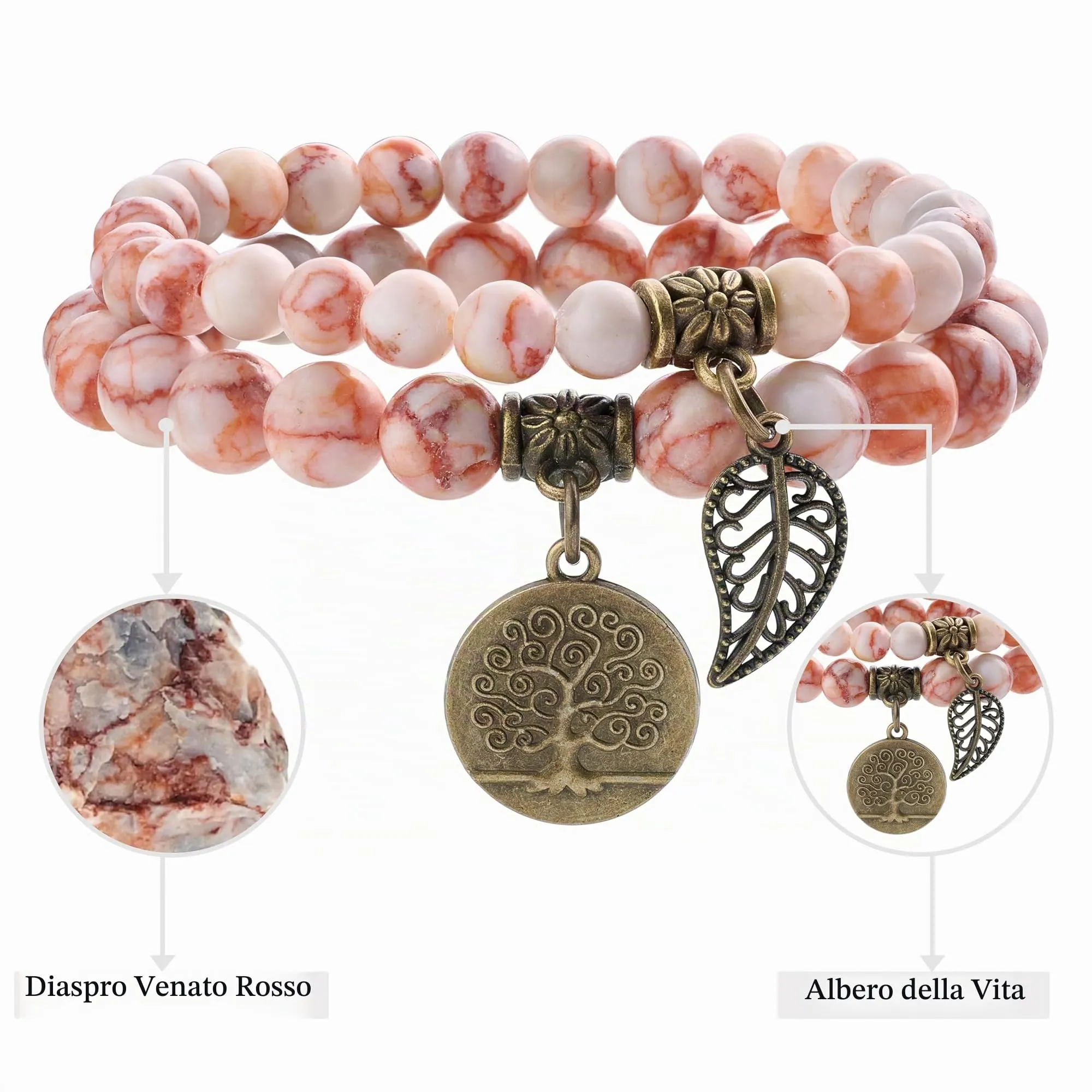 Farfume Bracciali Chakra in Pietre Naturali Giada con Vene Rosse, Set Doppio con Ciondolo Albero della Vita, Taglia Media 18.5cm - immagine 4