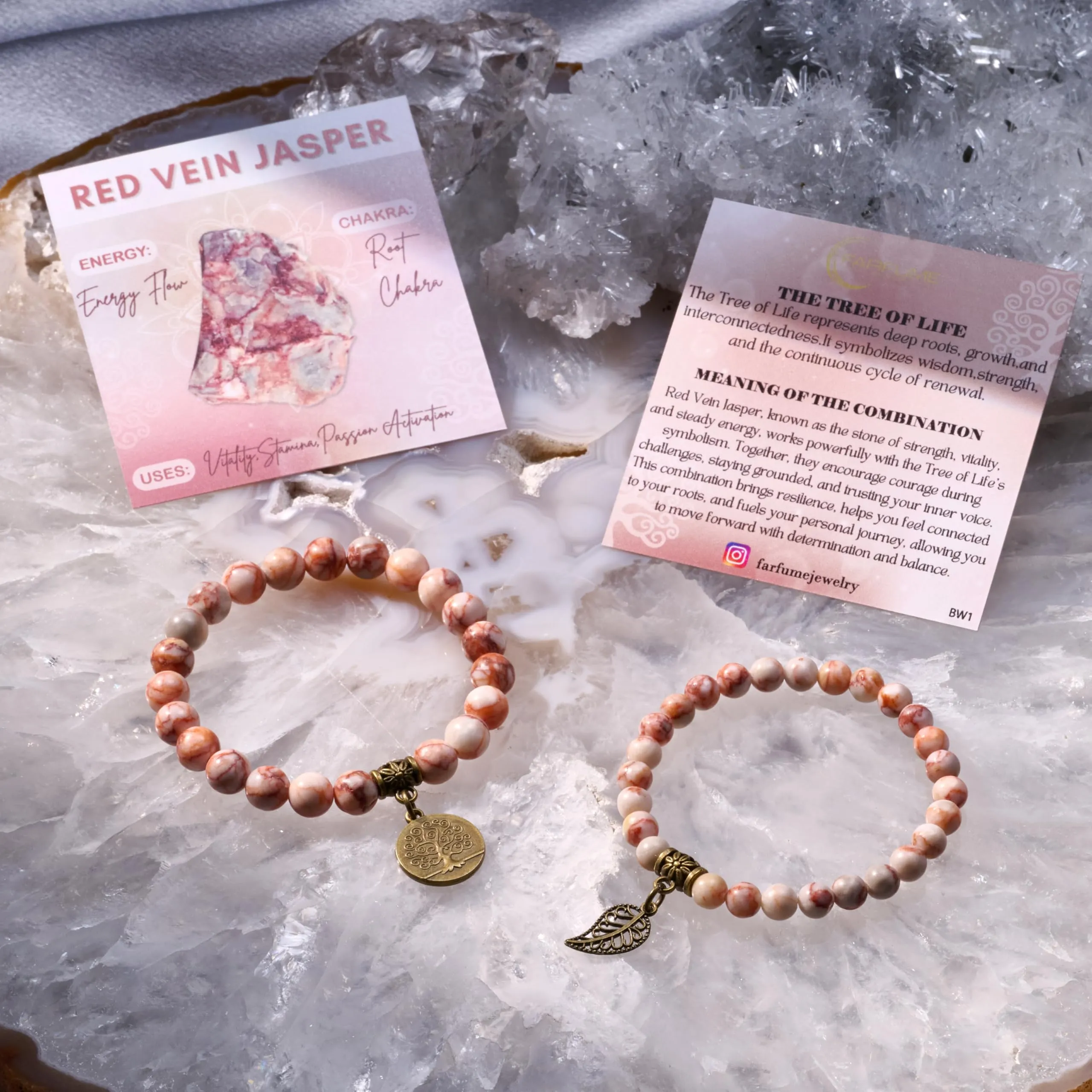 Farfume Bracciali Chakra in Pietre Naturali Giada con Vene Rosse, Set Doppio con Ciondolo Albero della Vita, Taglia Media 18.5cm - immagine 6