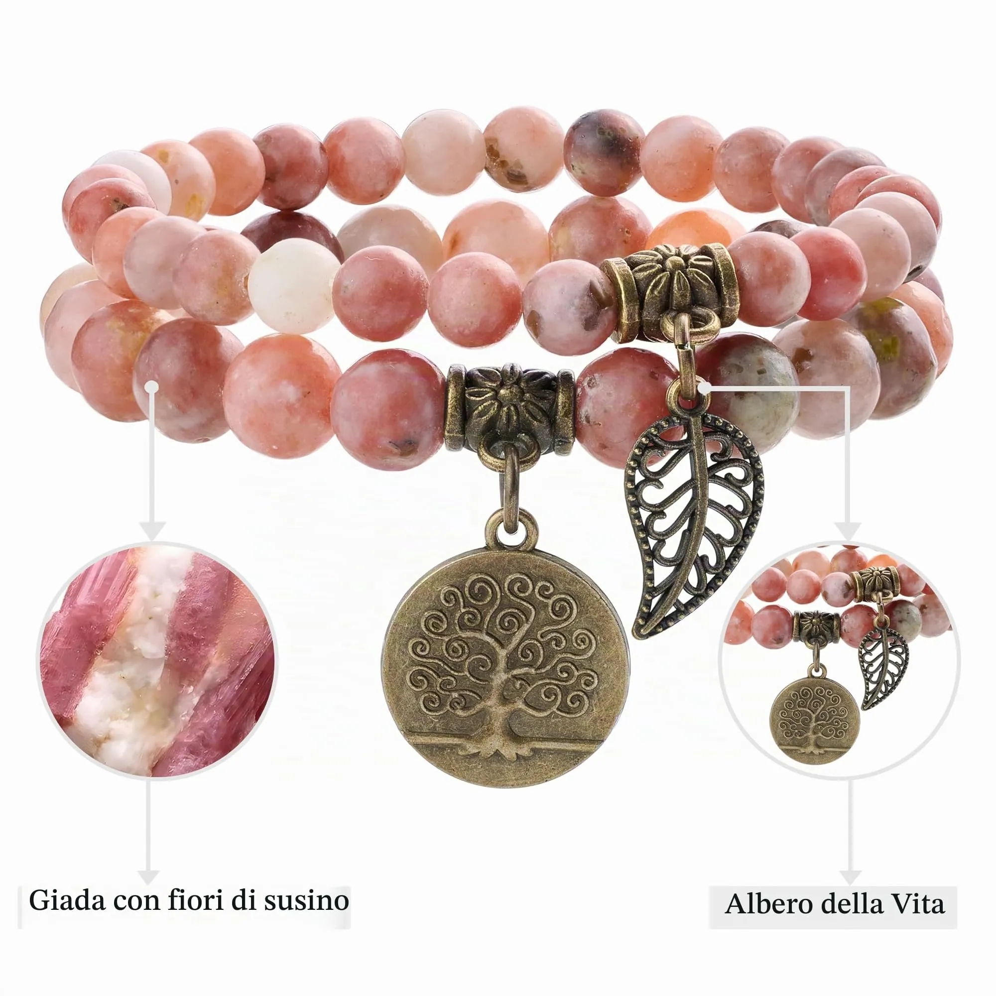 Farfume Bracciali Chakra in Pietre Naturali Giada Fiore di Prugna, Set Doppio, Taglia Media 18.5cm - immagine 4