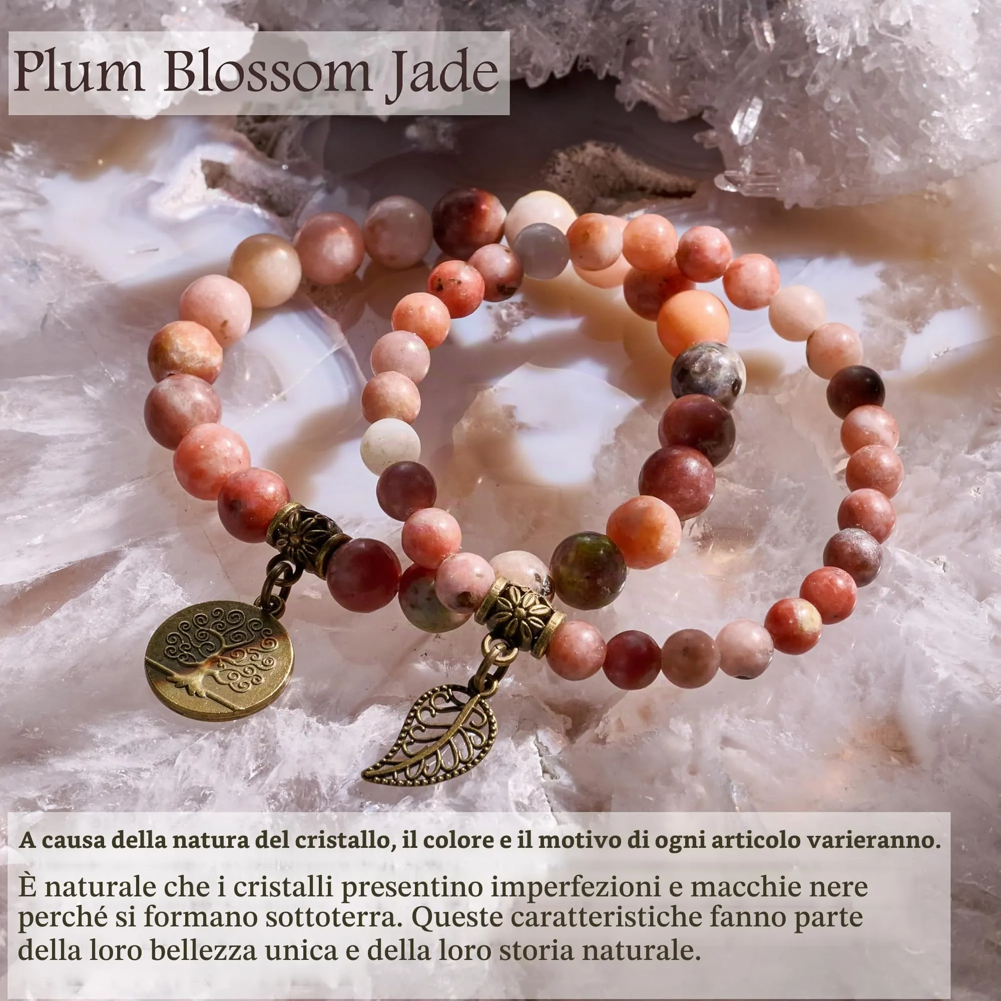 Farfume Bracciali Chakra in Pietre Naturali Giada Fiore di Prugna, Set Doppio, Taglia Media 18.5cm - immagine 5