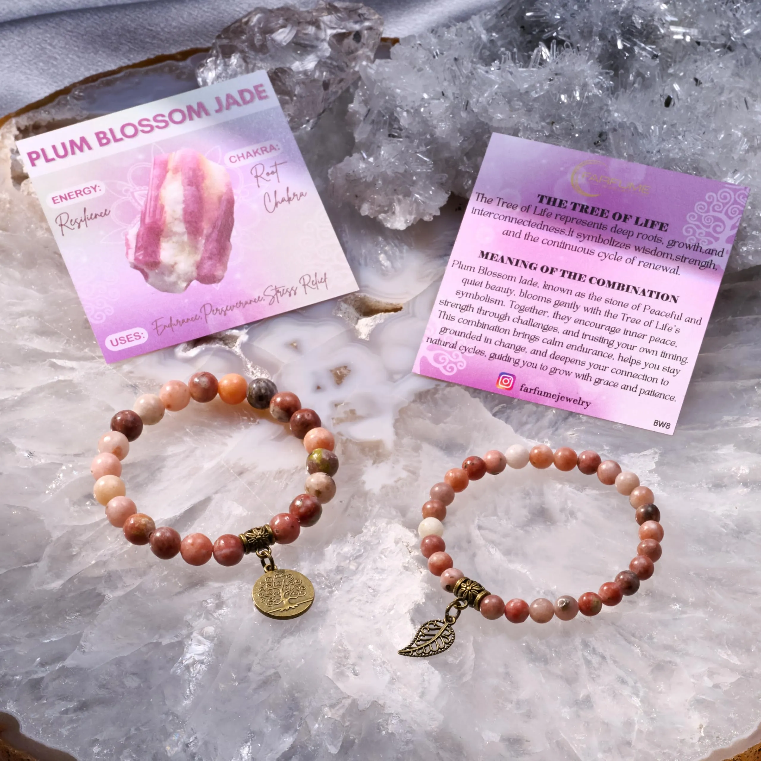Farfume Bracciali Chakra in Pietre Naturali Giada Fiore di Prugna, Set Doppio, Taglia Media 18.5cm - immagine 6