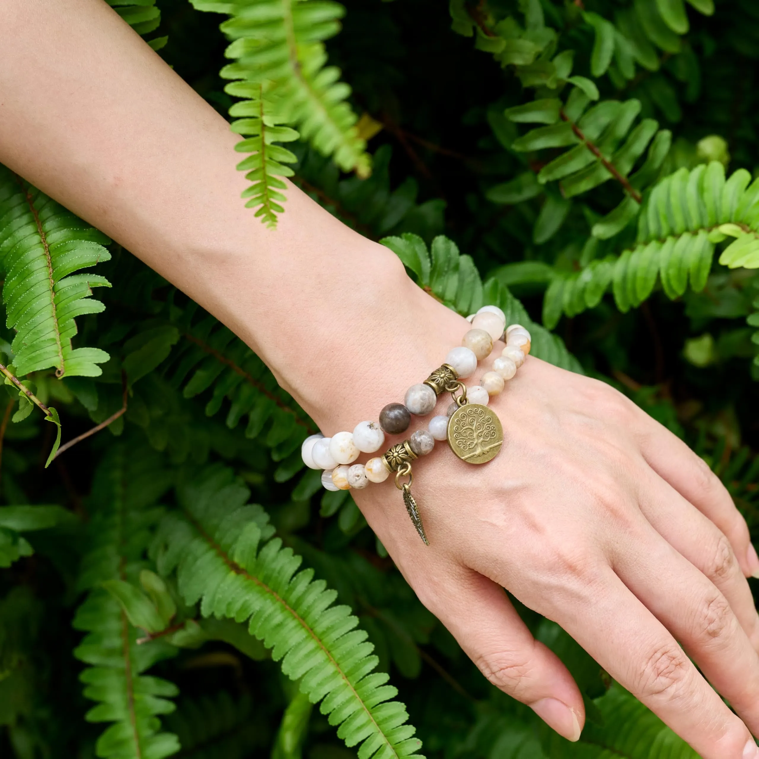 Farfume Bracciali Chakra in Pietre Naturali Agata Foglia di Bambù, Set Doppio, Medio 18.5cm - immagine 2