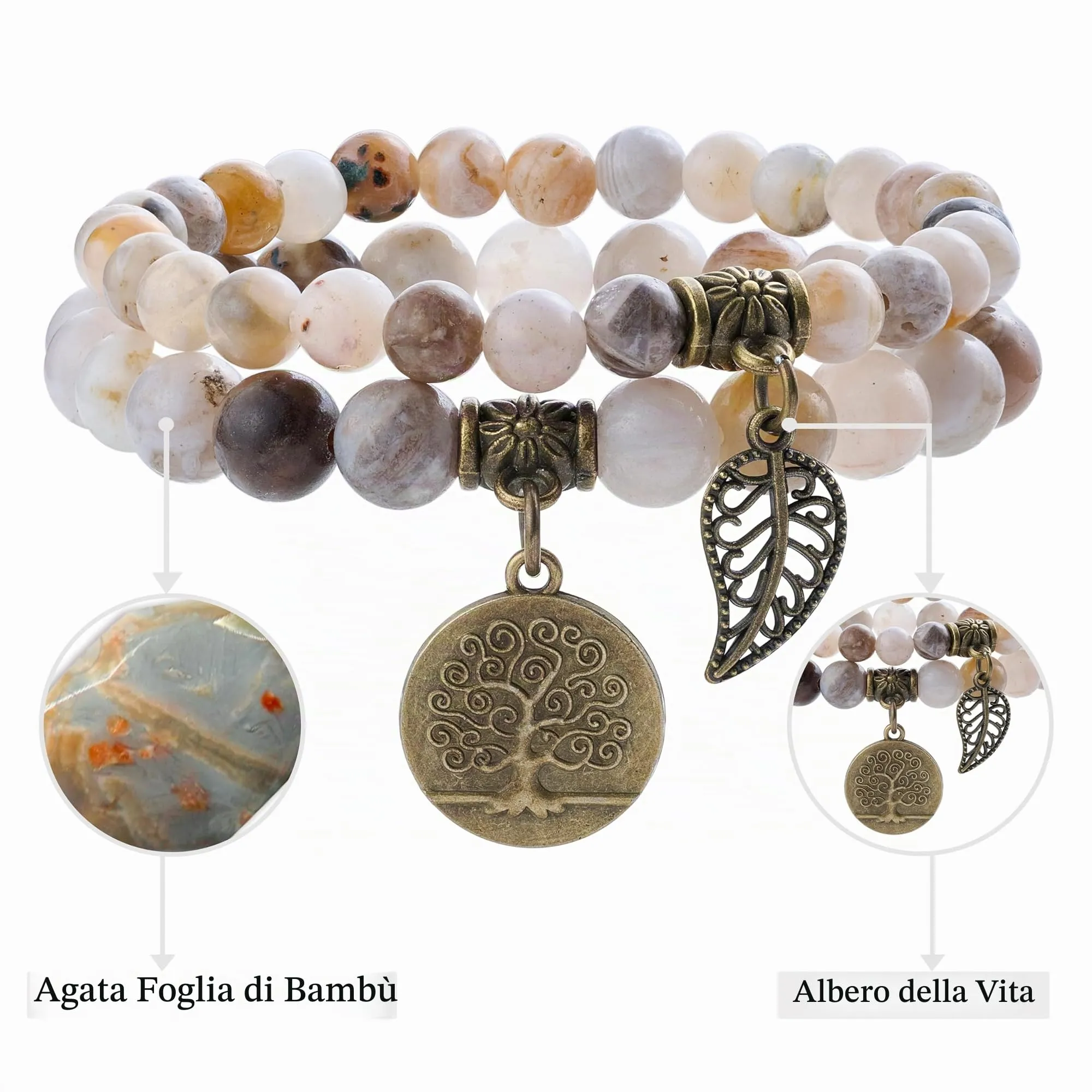 Farfume Bracciali Chakra in Pietre Naturali Agata Foglia di Bambù, Set Doppio, Medio 18.5cm - immagine 4