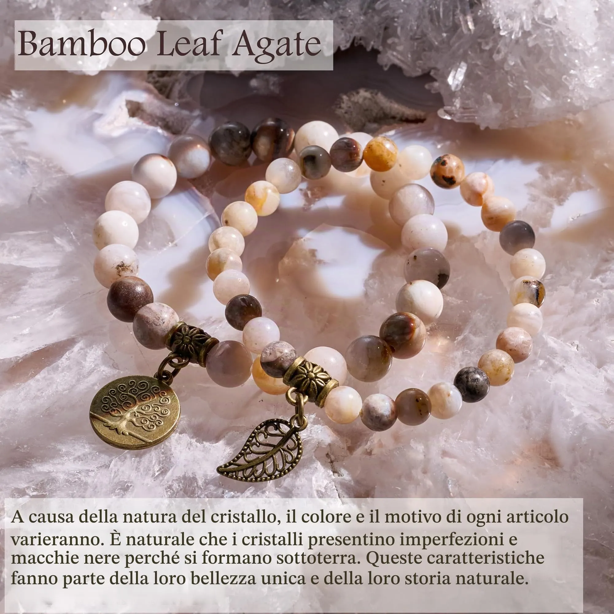 Farfume Bracciali Chakra in Pietre Naturali Agata Foglia di Bambù, Set Doppio, Medio 18.5cm - immagine 5