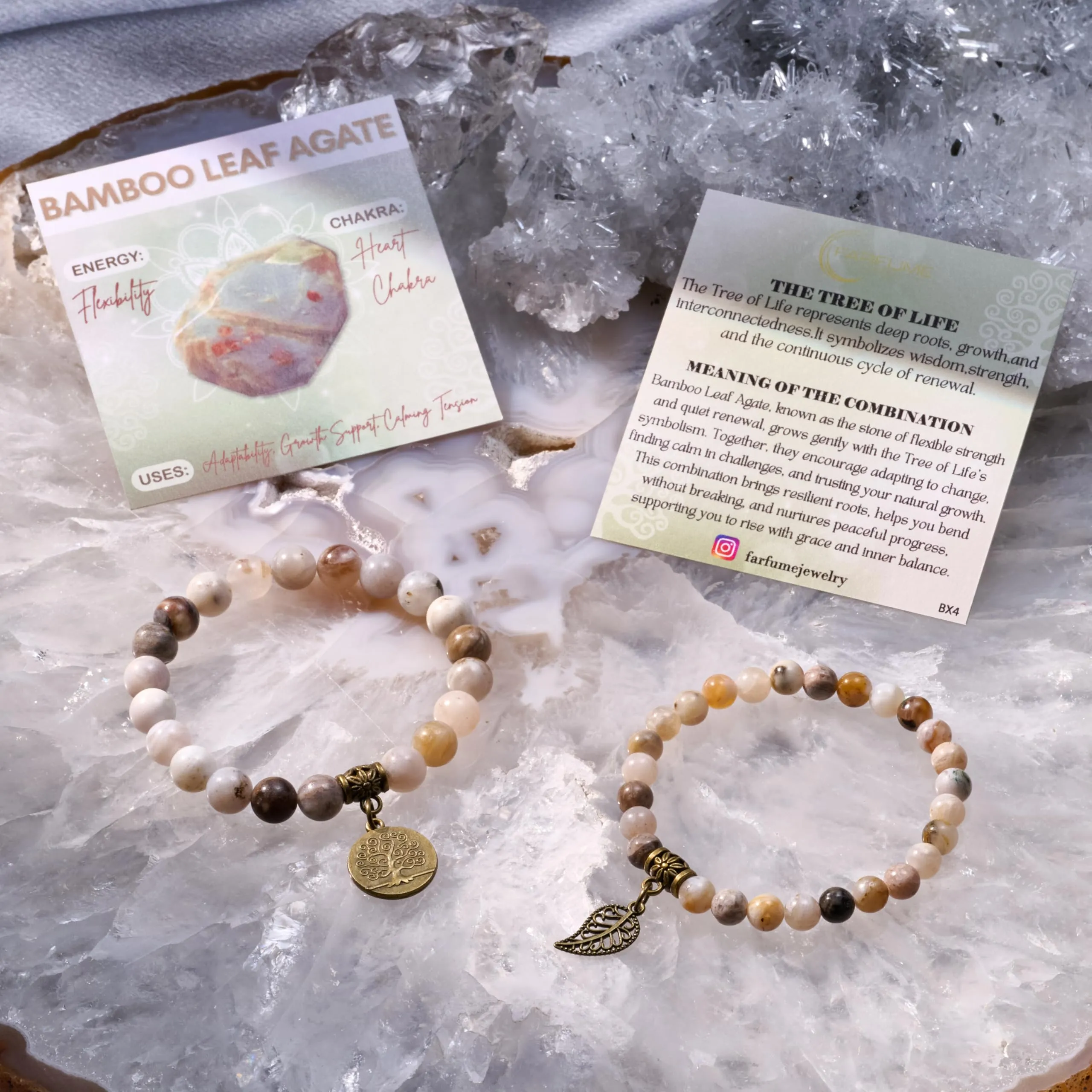 Farfume Bracciali Chakra in Pietre Naturali Agata Foglia di Bambù, Set Doppio, Medio 18.5cm - immagine 6