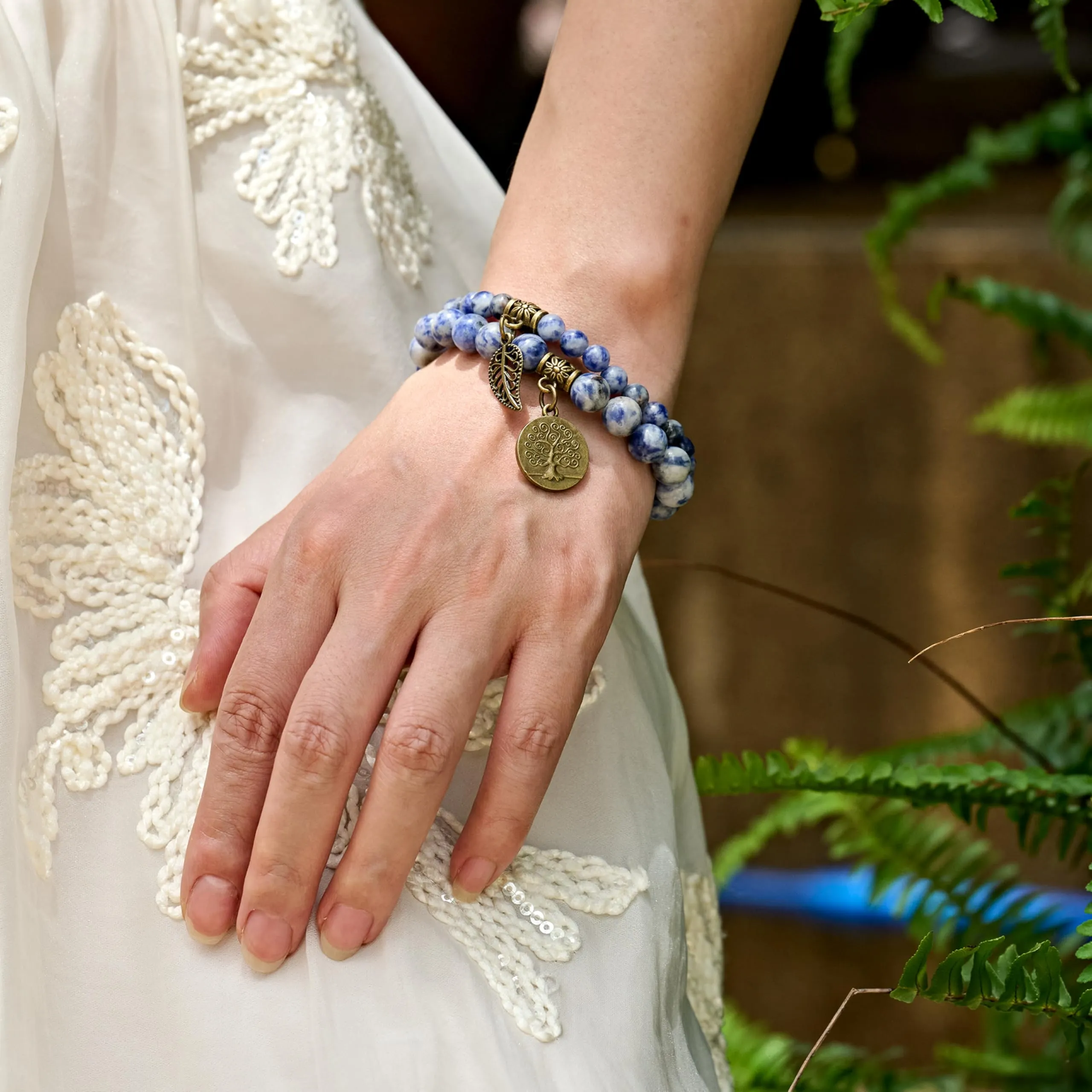 Farfume Bracciali Chakra in Pietre Naturali Giada Maculata Blu, Set Doppio, Misura Media 18.5cm - immagine 3