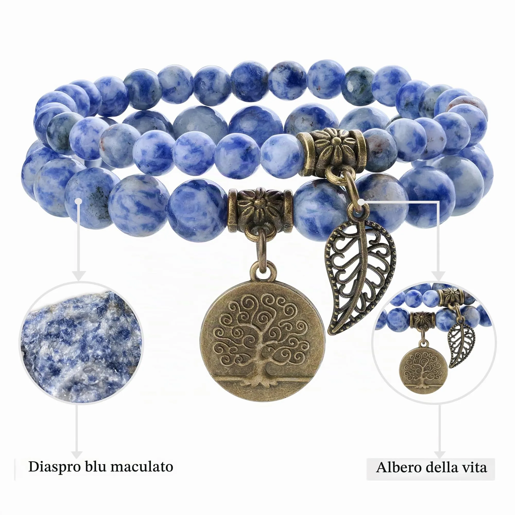 Farfume Bracciali Chakra in Pietre Naturali Giada Maculata Blu, Set Doppio, Misura Media 18.5cm - immagine 4