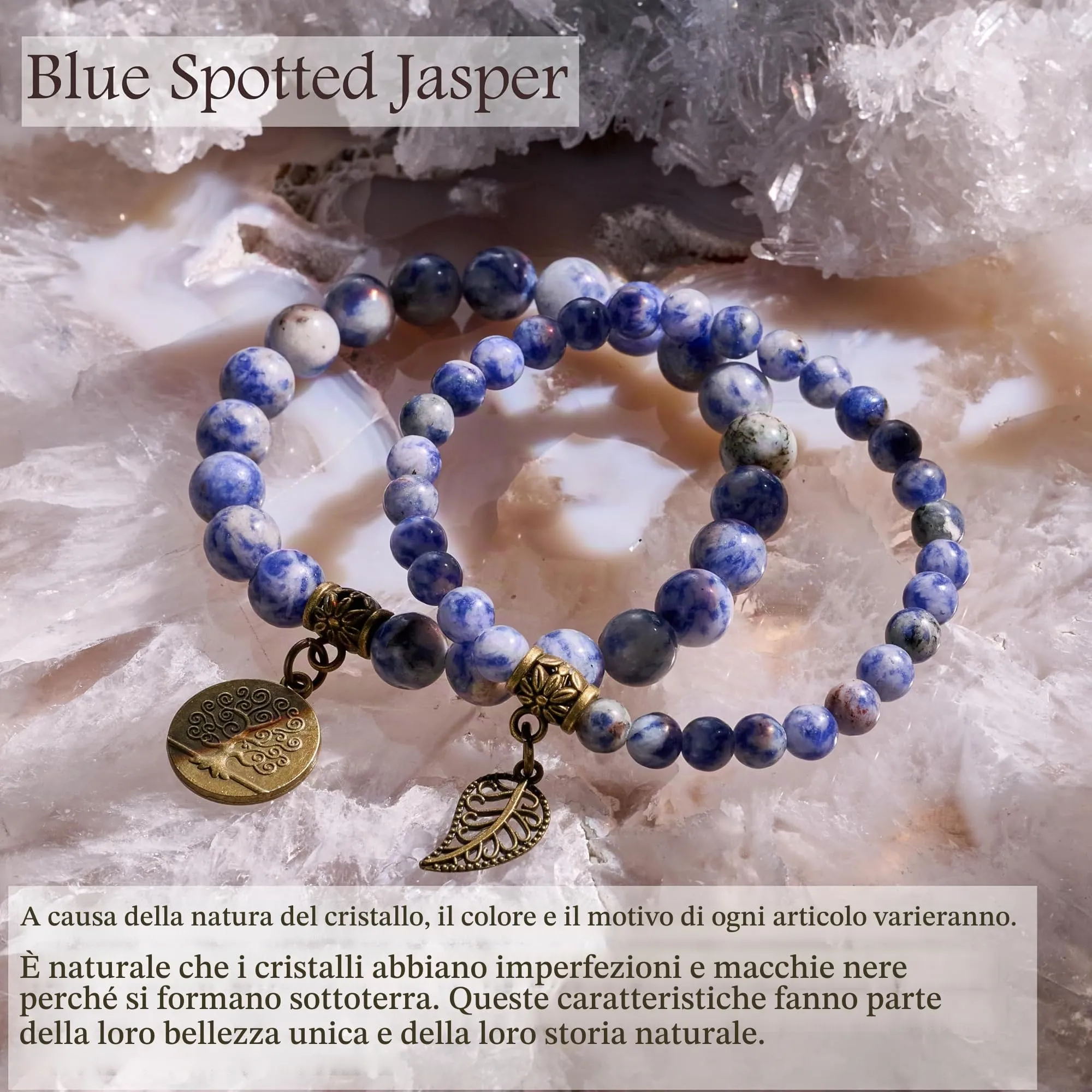 Farfume Bracciali Chakra in Pietre Naturali Giada Maculata Blu, Set Doppio, Misura Media 18.5cm - immagine 5