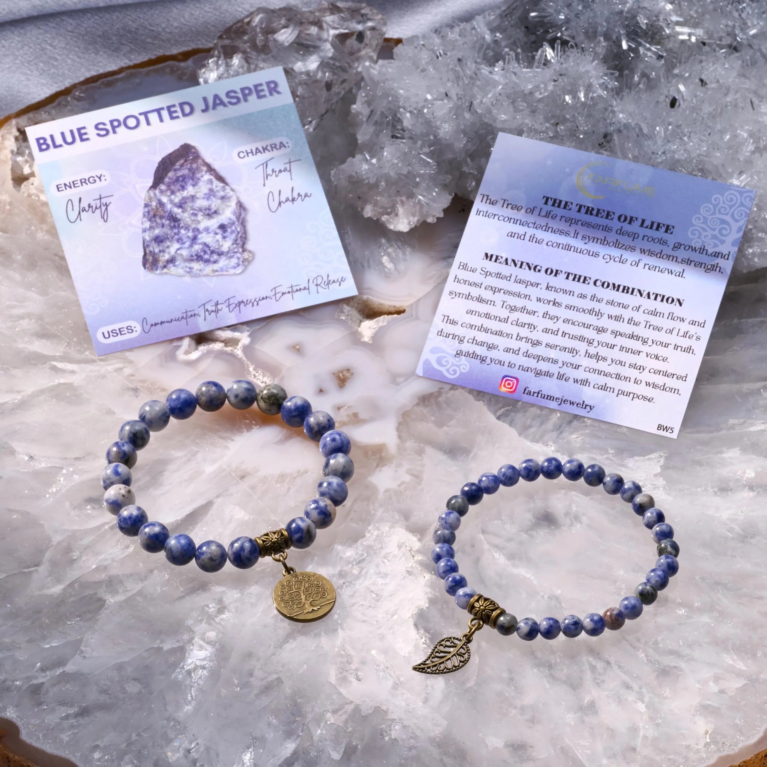 Farfume Bracciali Chakra in Pietre Naturali Giada Maculata Blu, Set Doppio, Misura Media 18.5cm - immagine 6