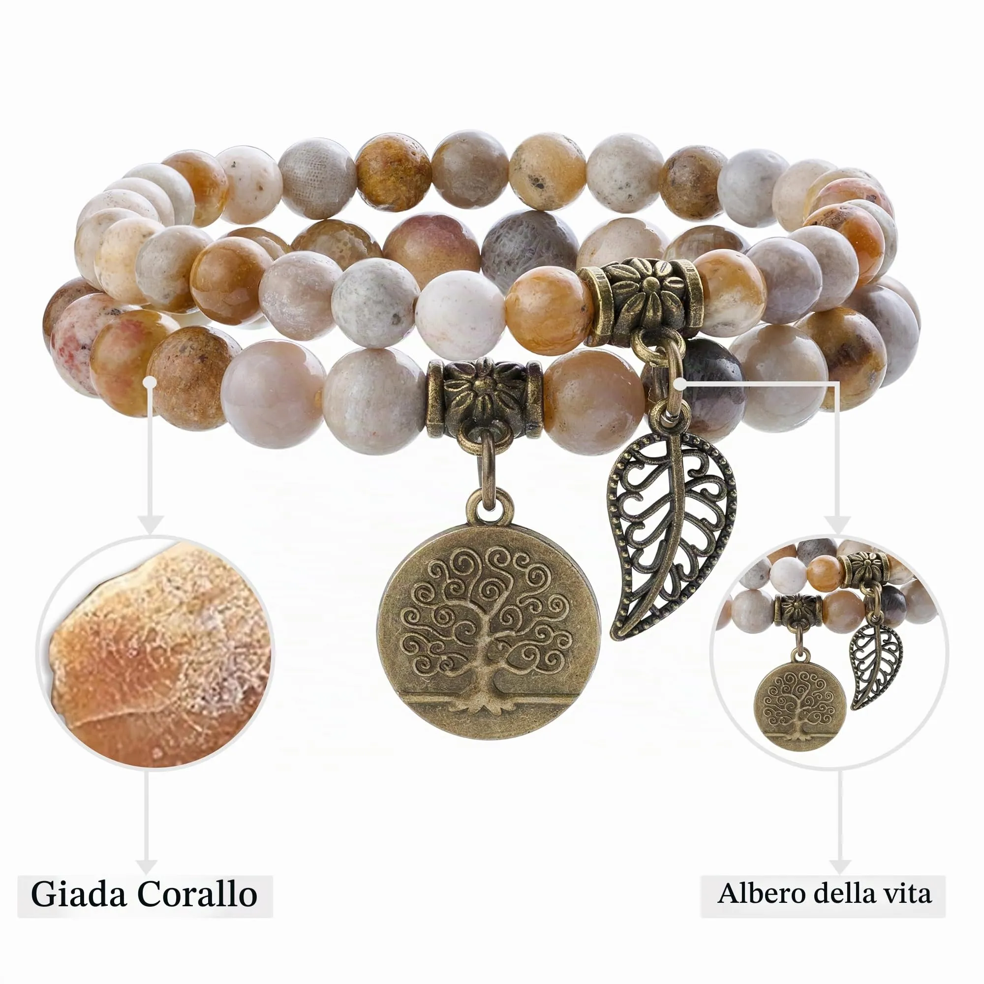 Farfume Bracciali Chakra in Pietre Naturali Giada di Corallo, Set Doppio, 18.5cm - immagine 4