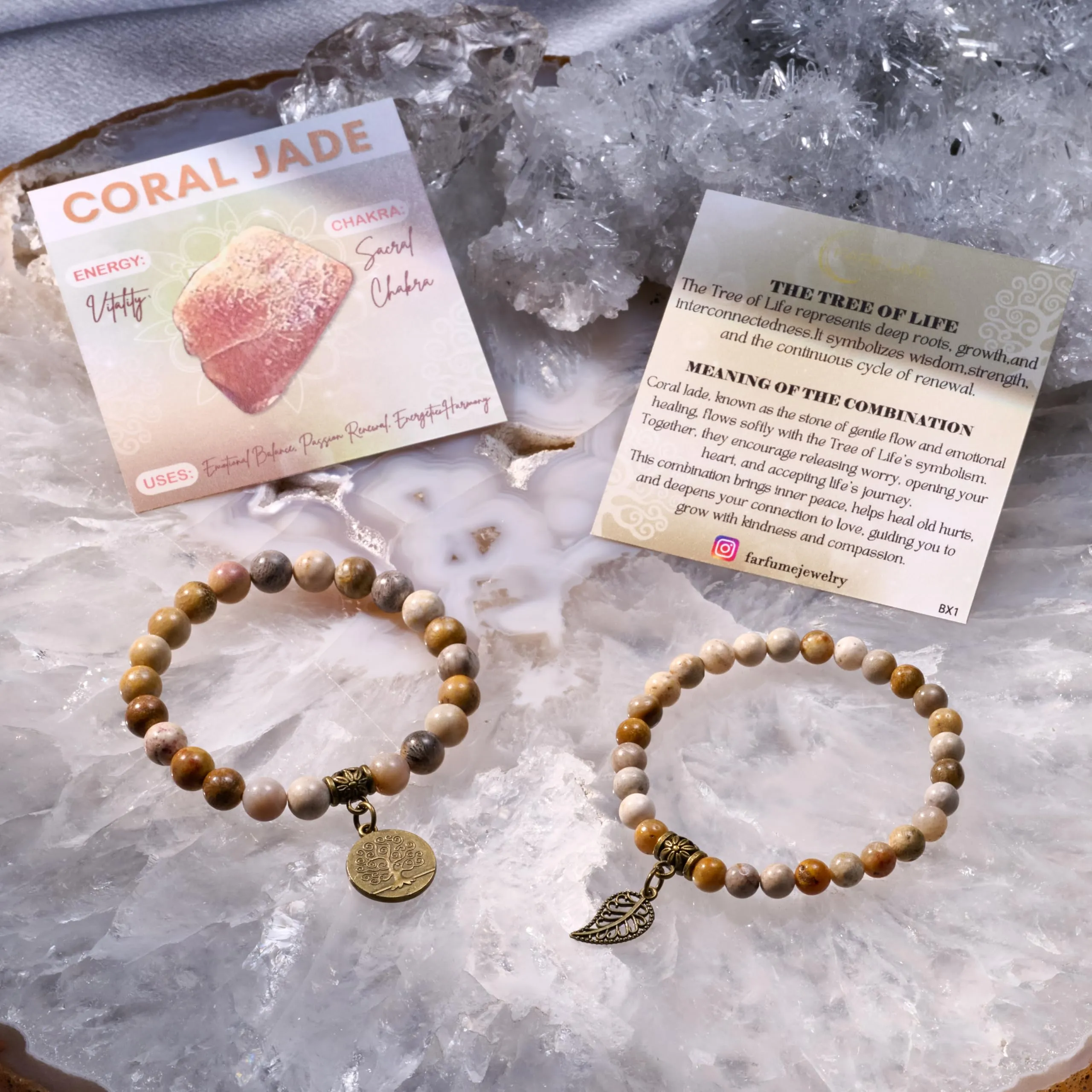 Farfume Bracciali Chakra in Pietre Naturali Giada di Corallo, Set Doppio, 18.5cm - immagine 6