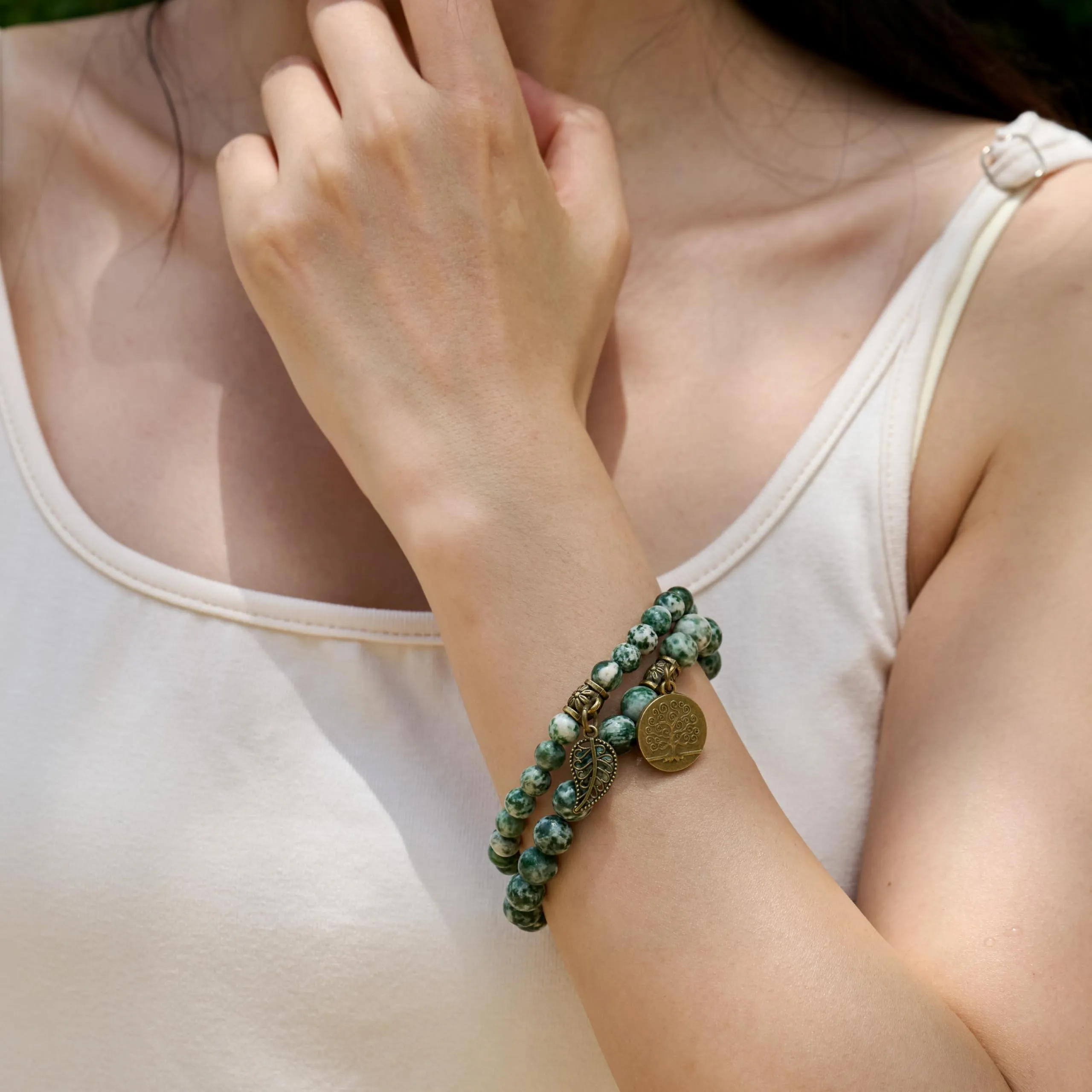 Farfume Bracciali Chakra in Pietre Naturali Giada Maculata Verde, Set Doppio, Taglia Media 18.5cm - immagine 3