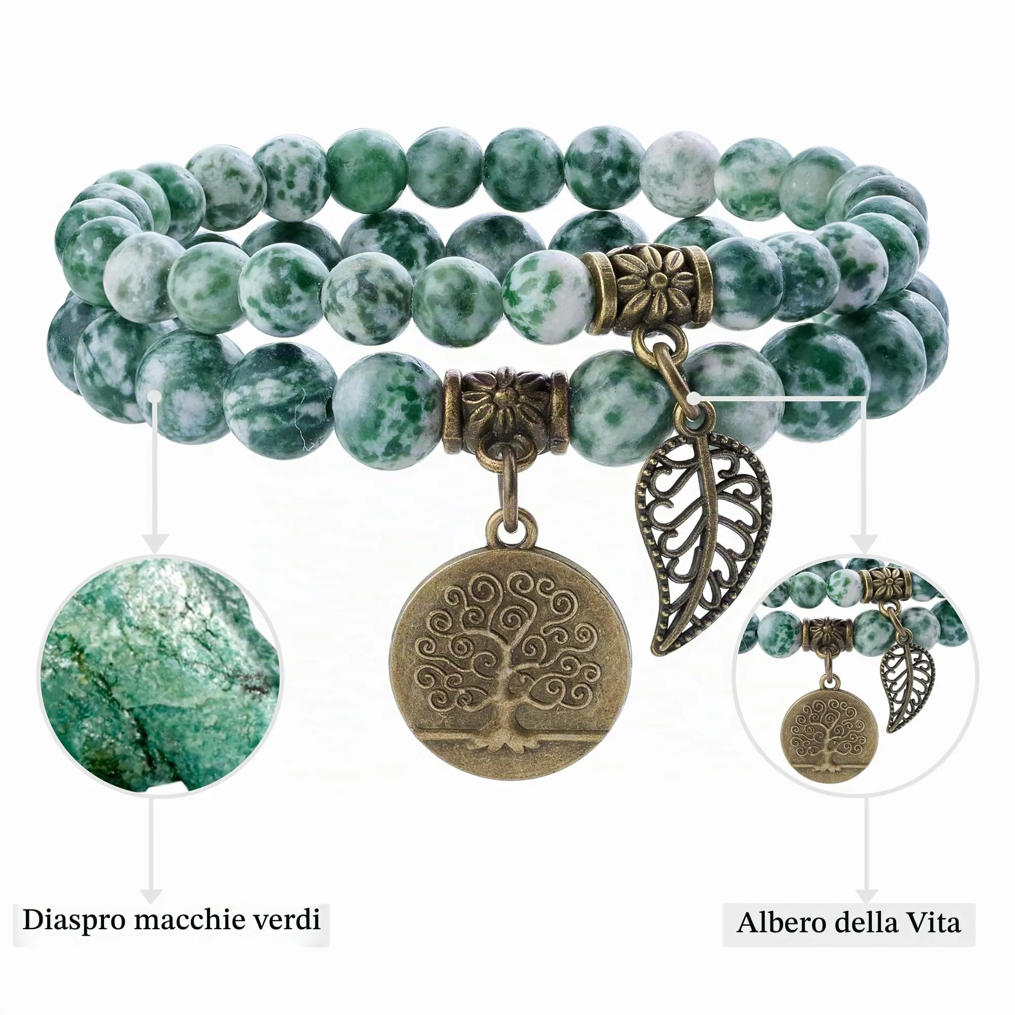 Farfume Bracciali Chakra in Pietre Naturali Giada Maculata Verde, Set Doppio, Taglia Media 18.5cm - immagine 4