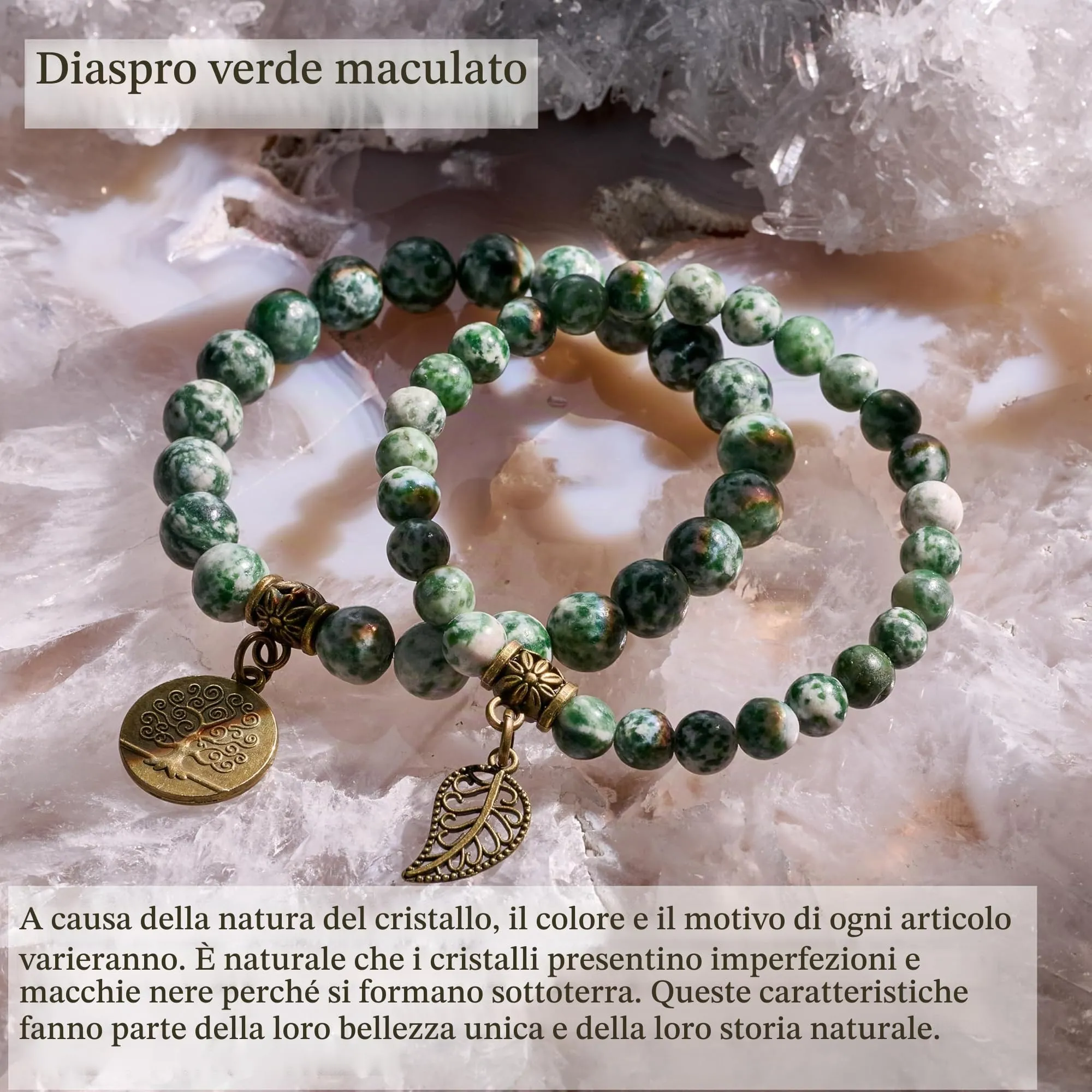 Farfume Bracciali Chakra in Pietre Naturali Giada Maculata Verde, Set Doppio, Taglia Media 18.5cm - immagine 5