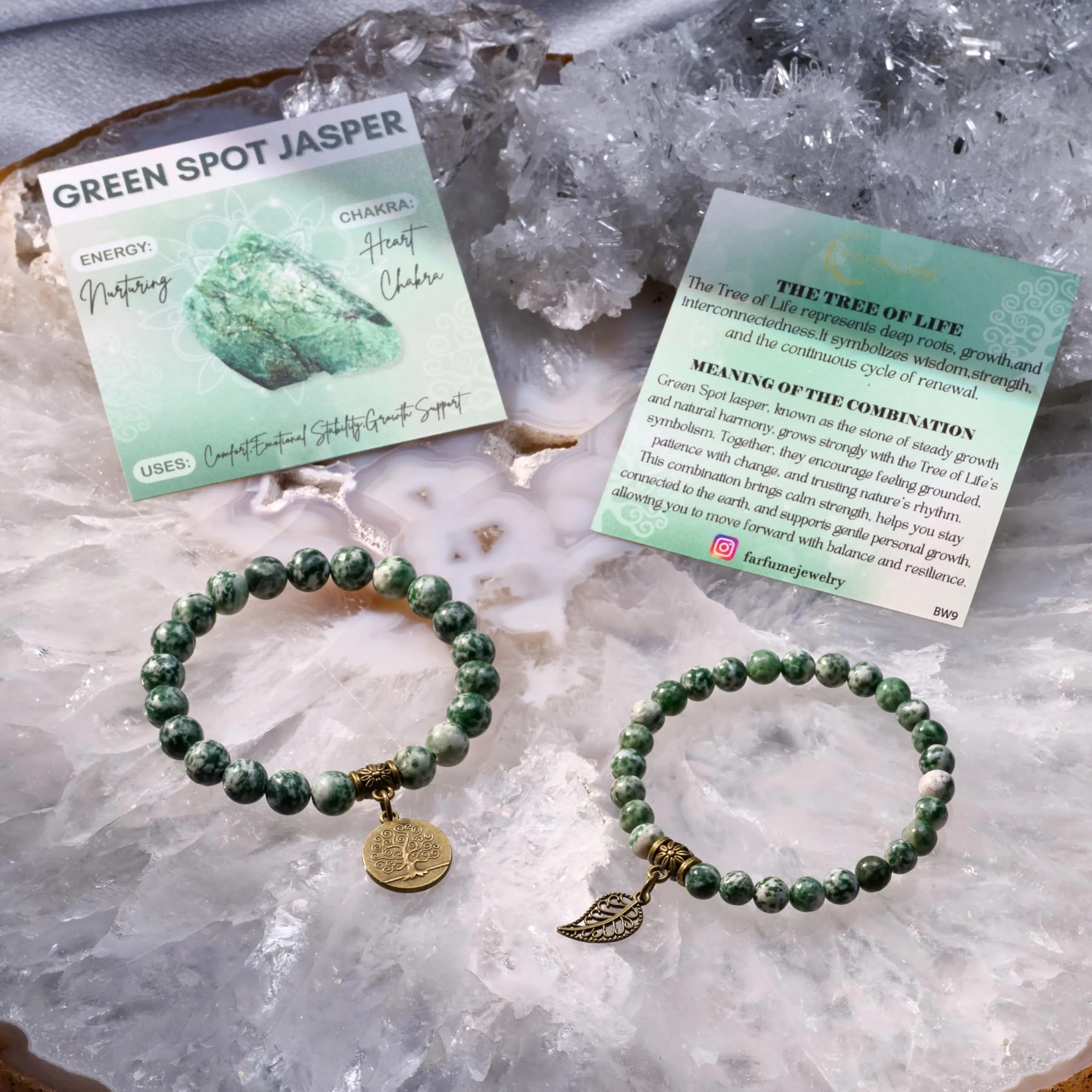 Farfume Bracciali Chakra in Pietre Naturali Giada Maculata Verde, Set Doppio, Taglia Media 18.5cm - immagine 6