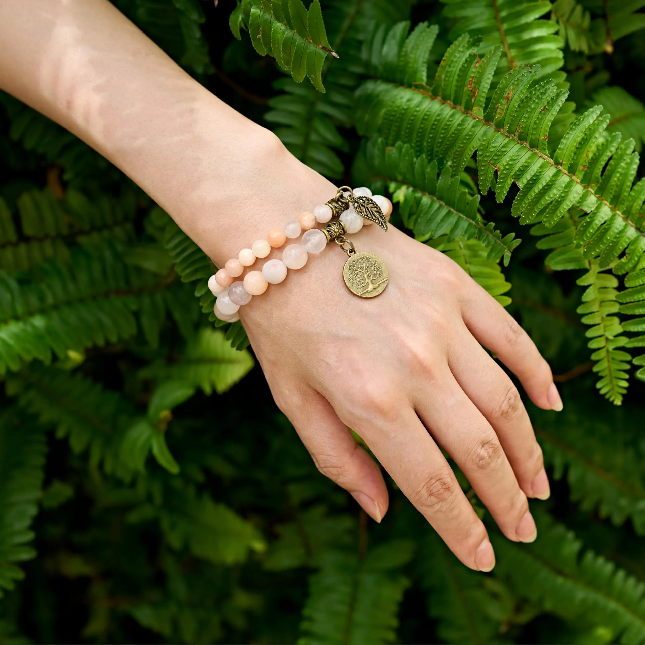 Farfume Bracciali Chakra in Pietre Naturali Aventurina Rosa, Set Doppio, Medio 18.5cm - immagine 3