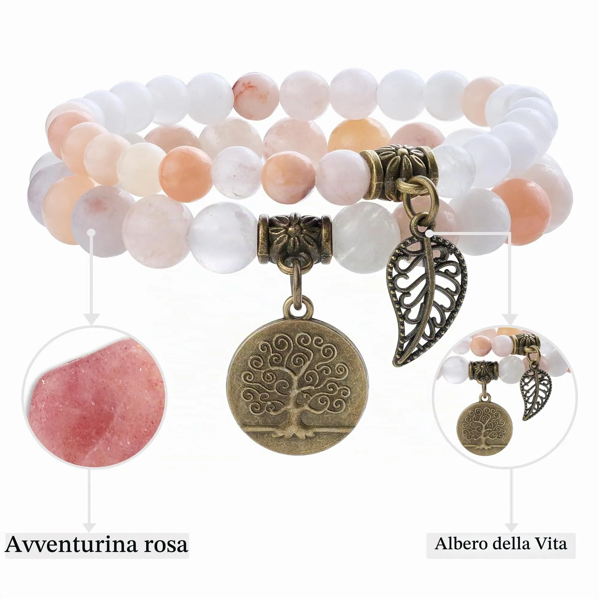 Farfume Bracciali Chakra in Pietre Naturali Aventurina Rosa, Set Doppio, Medio 18.5cm - immagine 4