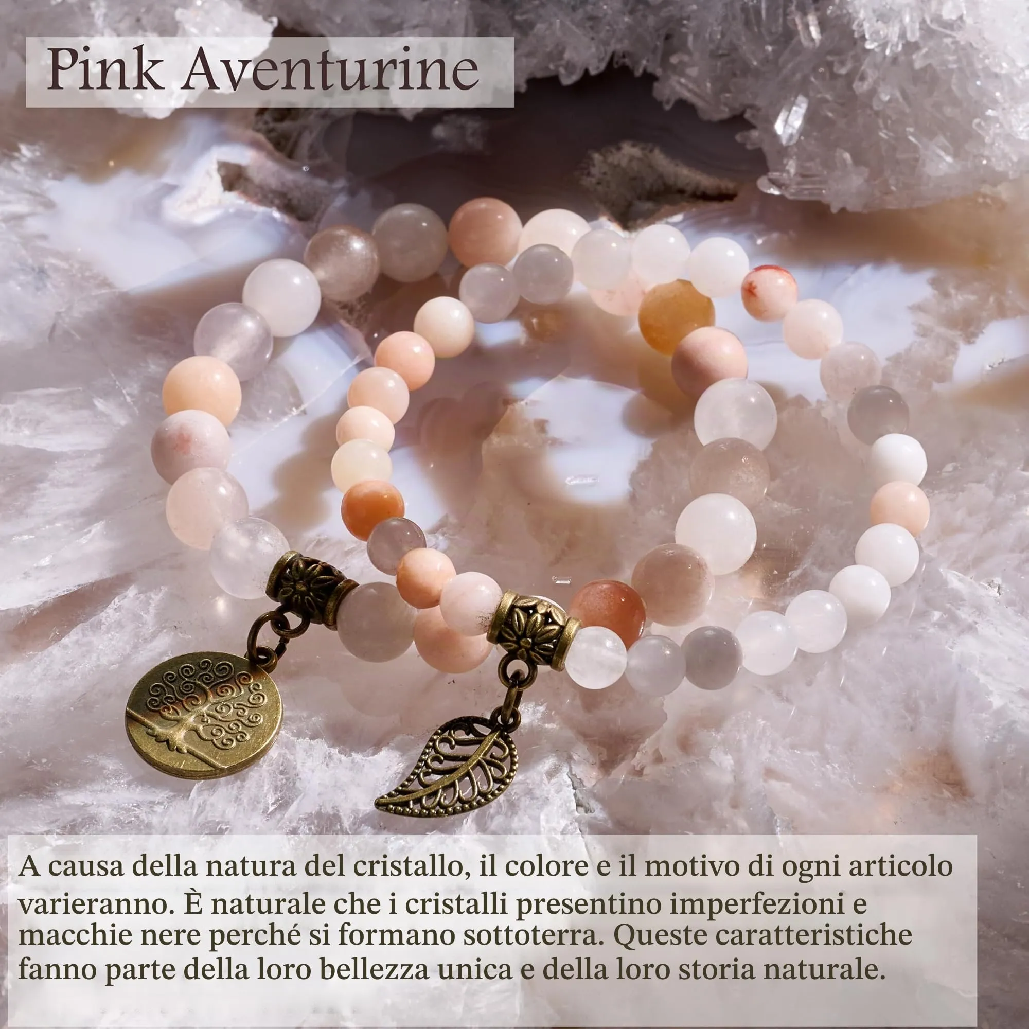 Farfume Bracciali Chakra in Pietre Naturali Aventurina Rosa, Set Doppio, Medio 18.5cm - immagine 5