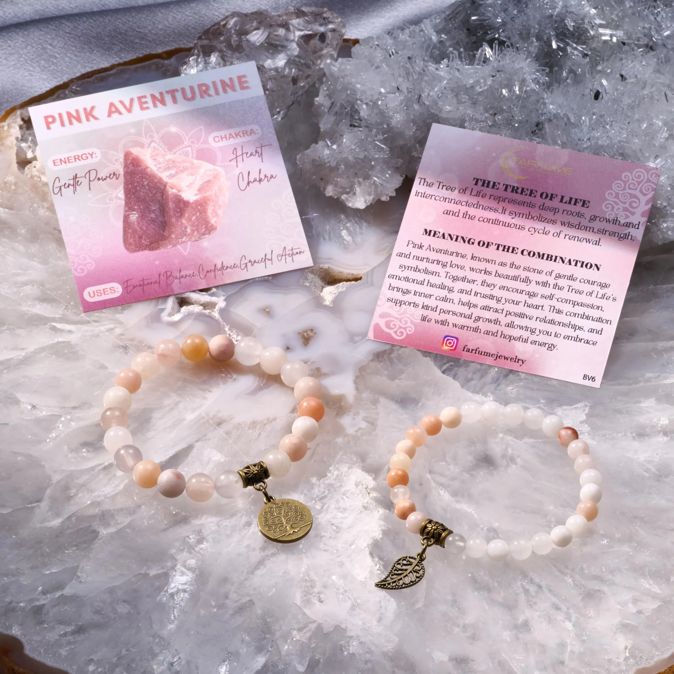 Farfume Bracciali Chakra in Pietre Naturali Aventurina Rosa, Set Doppio, Medio 18.5cm - immagine 6