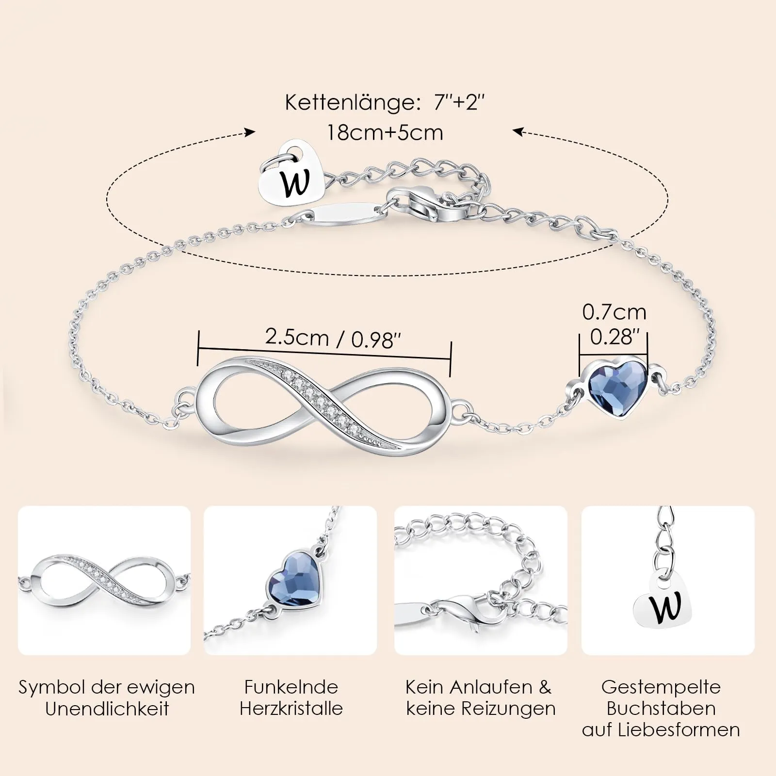 LOUISA SECRET Bracciale Donna Argento 925 Infinito e Cuore con Zirconi (W, Acciaio inossidabile) - immagine 5