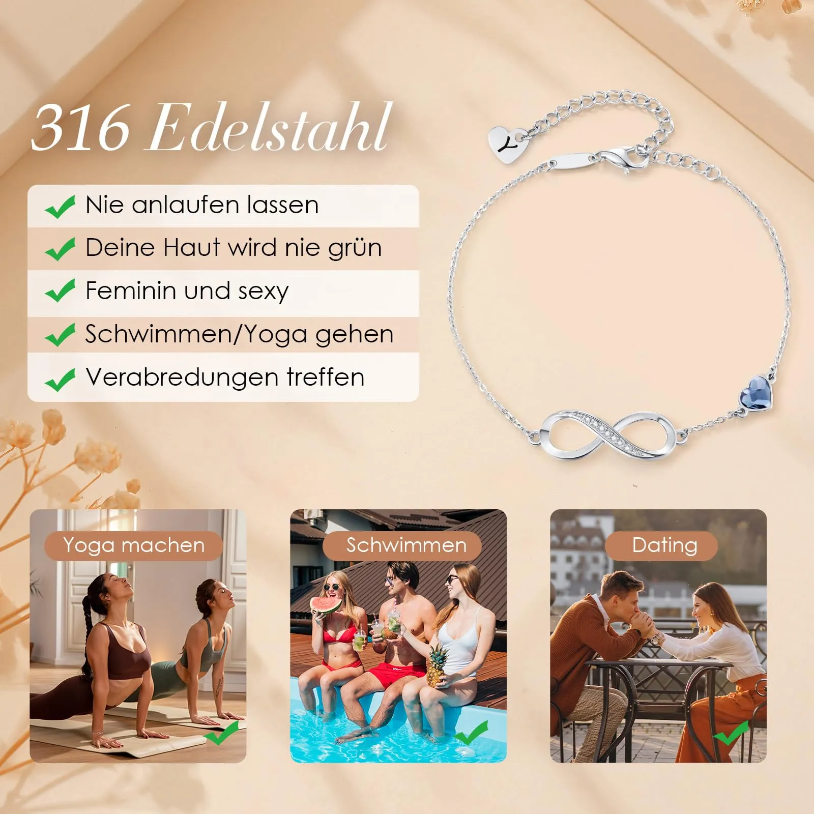 LOUISA SECRET Bracciale Donna Argento 925 Infinito e Cuore con Zirconi (Y, Acciaio inossidabile) - immagine 4