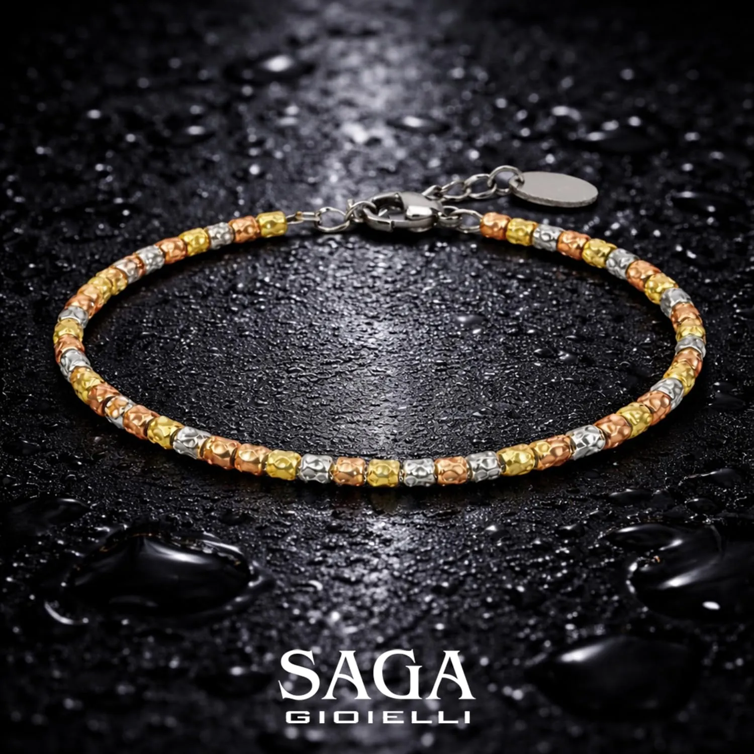 SAGA GIOIELLI Bracciale Unisex Tre Ori in Acciaio con Pepite Martellate (3.5 mm) - immagine 3