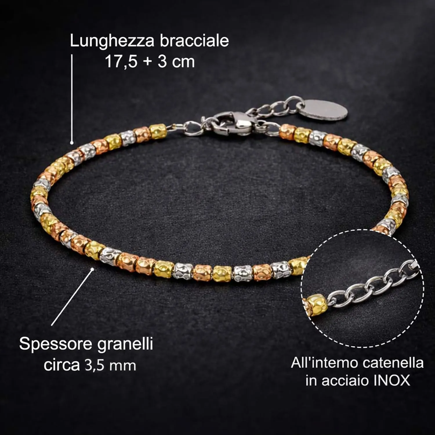 SAGA GIOIELLI Bracciale Unisex Tre Ori in Acciaio con Pepite Martellate (3.5 mm) - immagine 4