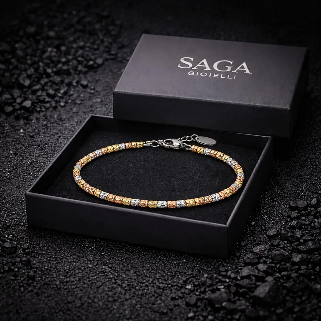SAGA GIOIELLI Bracciale Unisex Tre Ori in Acciaio con Pepite Martellate (3.5 mm) - immagine 5