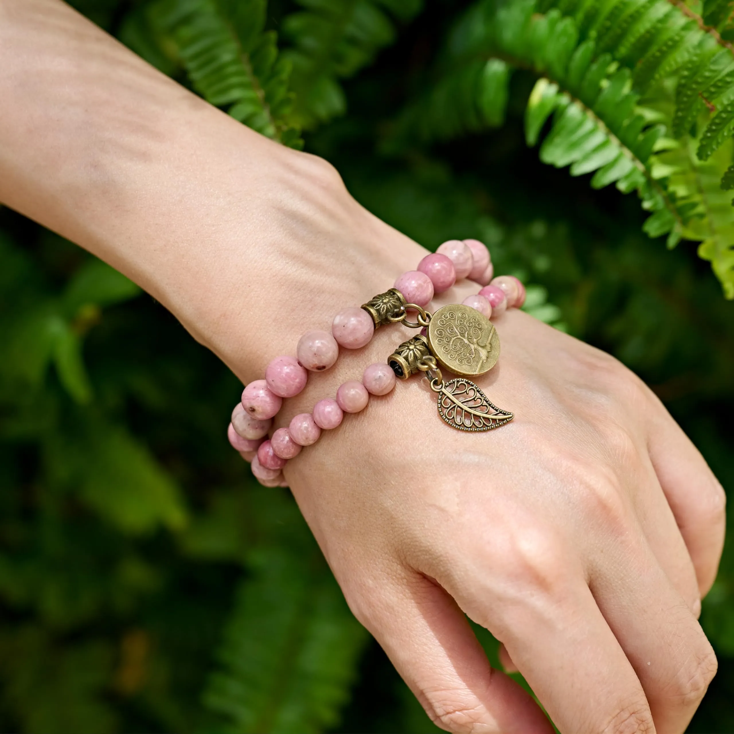 Farfume Bracciali Chakra in Pietre Naturali Rodocrosite per Donna, Set Doppio, 18.5cm - immagine 2