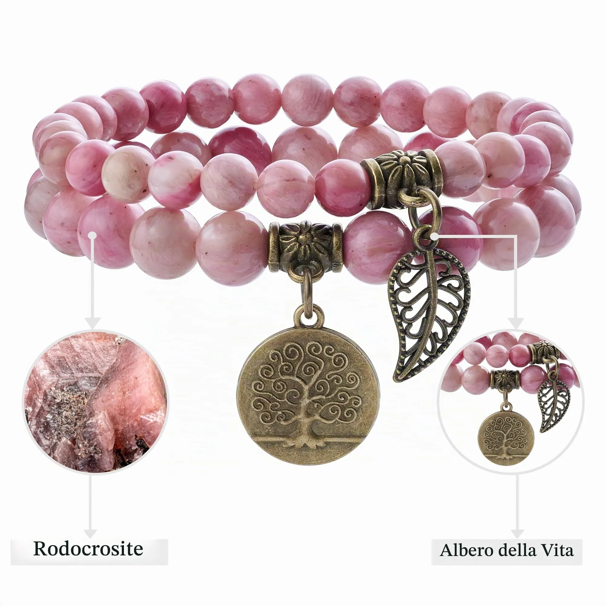 Farfume Bracciali Chakra in Pietre Naturali Rodocrosite per Donna, Set Doppio, 18.5cm - immagine 4