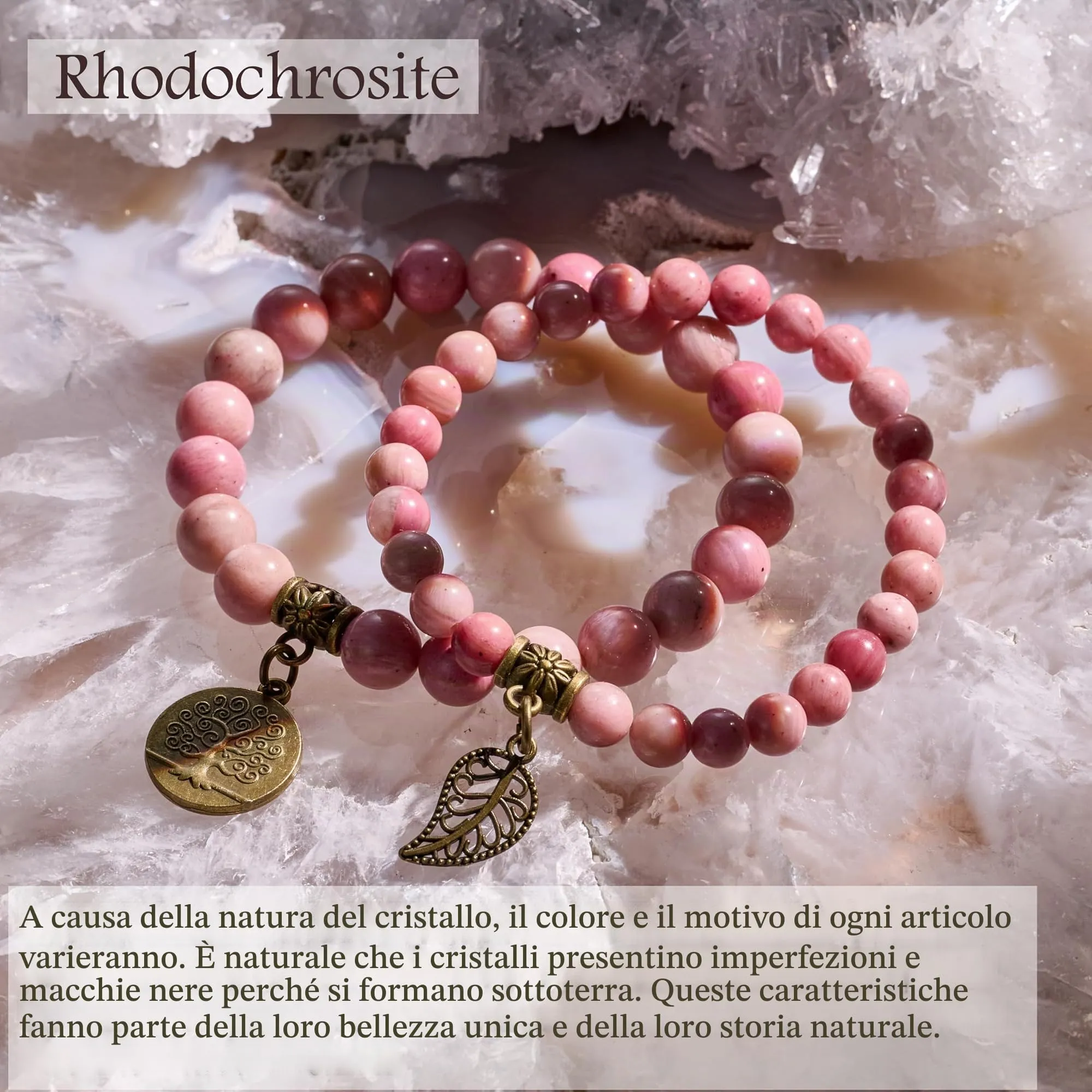 Farfume Bracciali Chakra in Pietre Naturali Rodocrosite per Donna, Set Doppio, 18.5cm - immagine 5