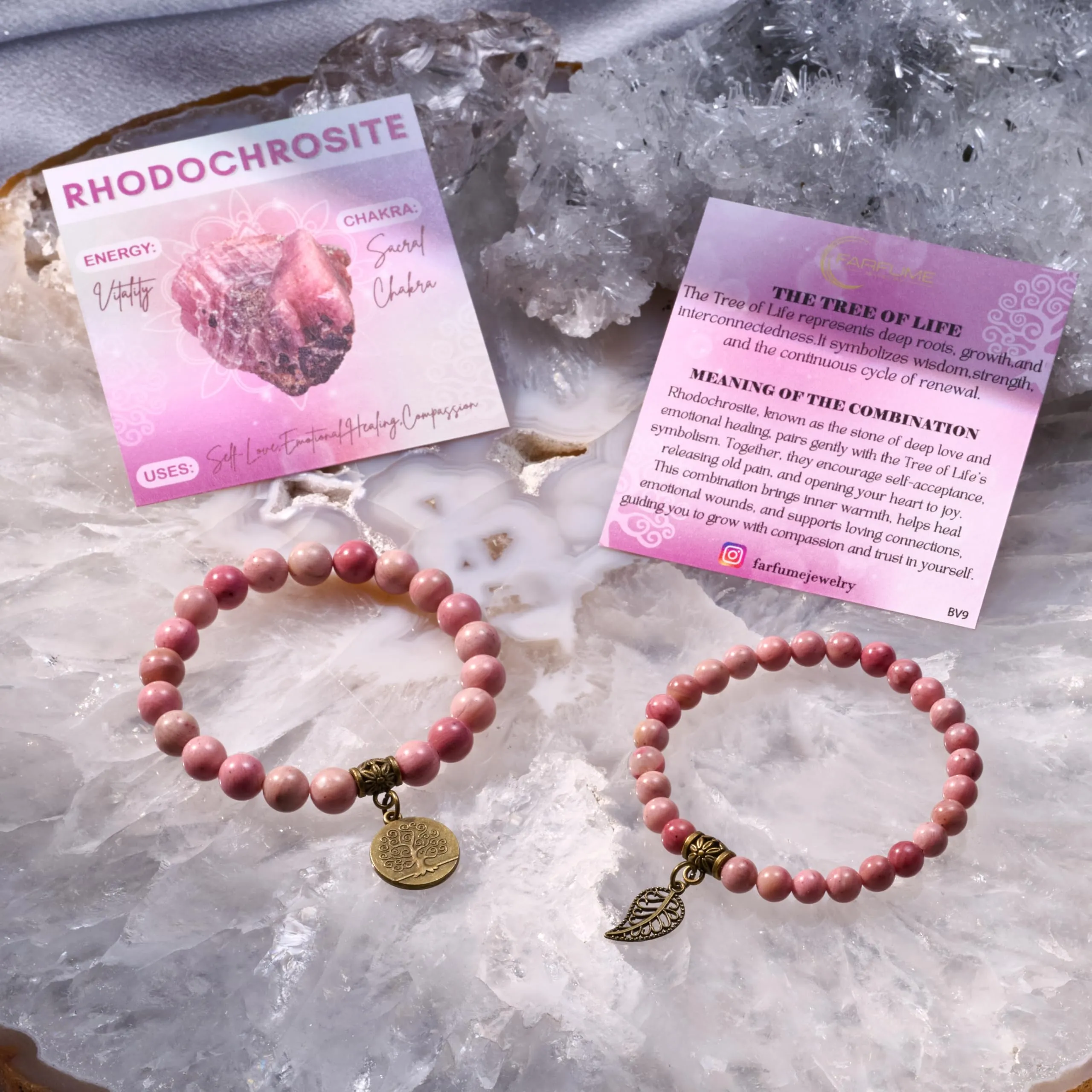 Farfume Bracciali Chakra in Pietre Naturali Rodocrosite per Donna, Set Doppio, 18.5cm - immagine 6