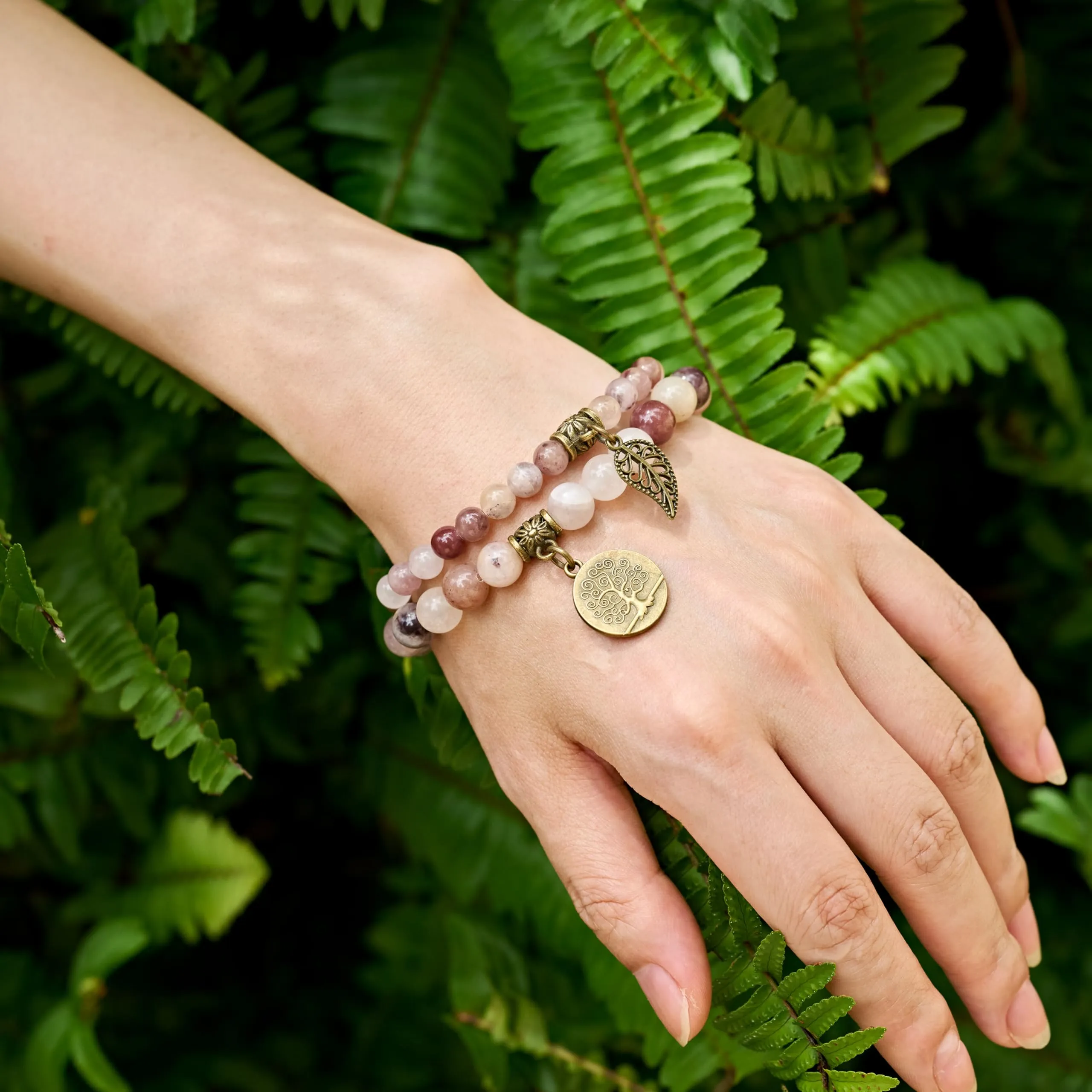 Farfume Bracciali Chakra in Pietre Naturali Giada Viola per Donne, Set Doppio, 18.5cm - immagine 2