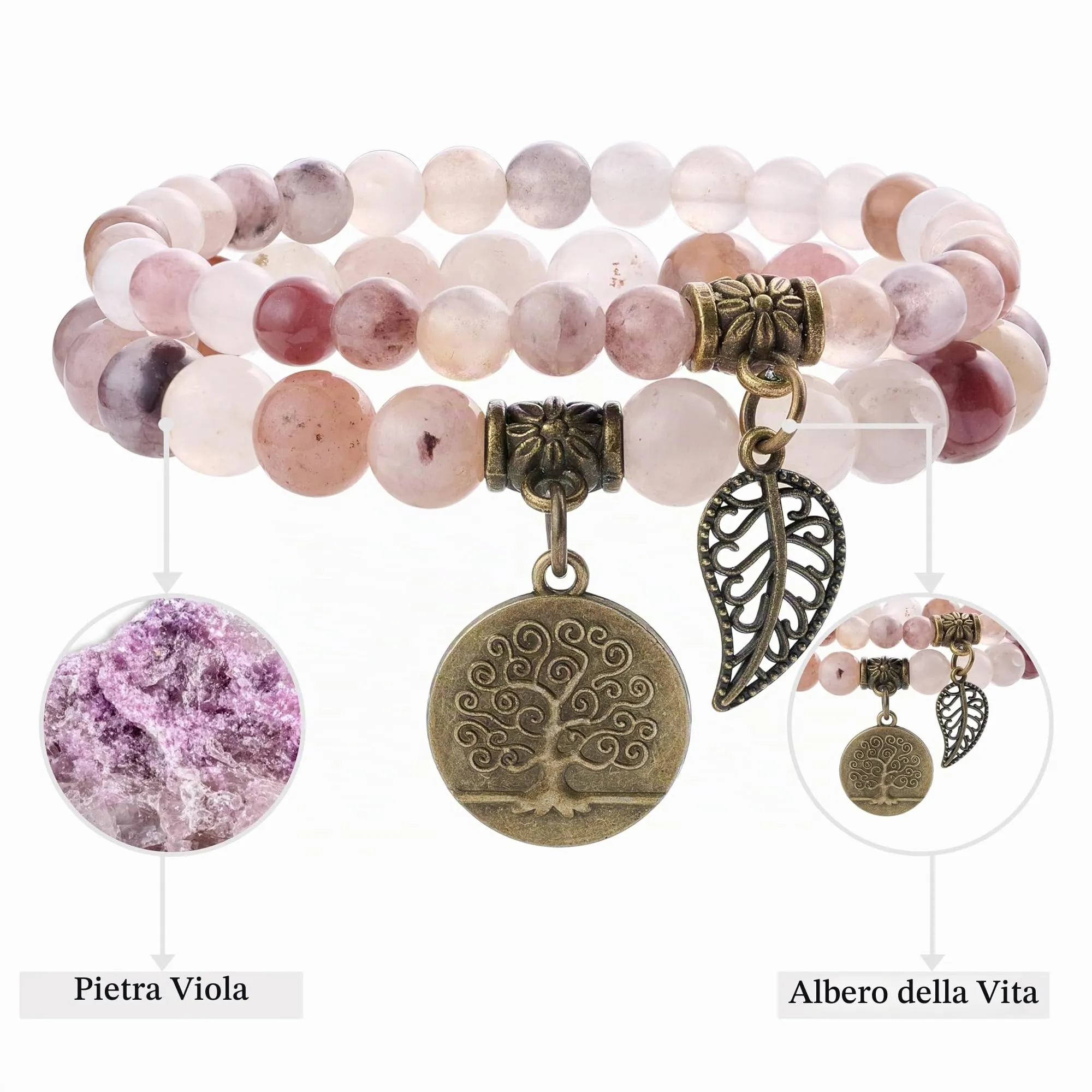Farfume Bracciali Chakra in Pietre Naturali Giada Viola per Donne, Set Doppio, 18.5cm - immagine 4