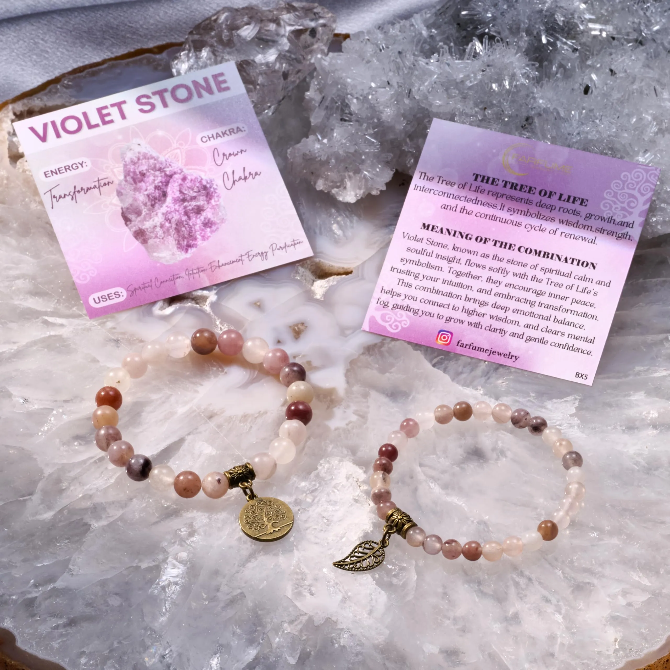 Farfume Bracciali Chakra in Pietre Naturali Giada Viola per Donne, Set Doppio, 18.5cm - immagine 6