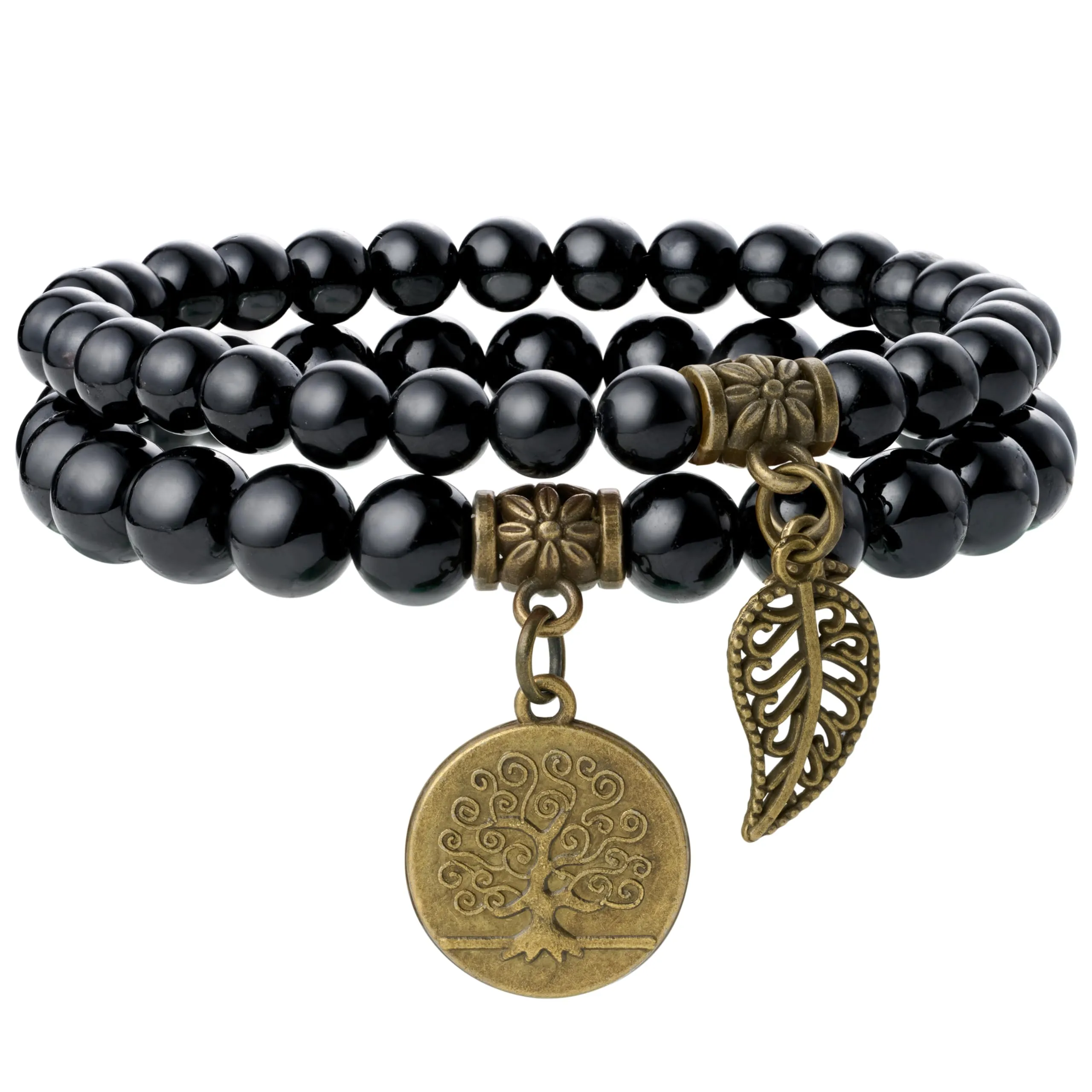 Farfume Bracciali Chakra in Tormalina Nera per Donne, Set Doppio con Pietre Naturali e Ciondolo Life Tree, 21cm - immagine 1