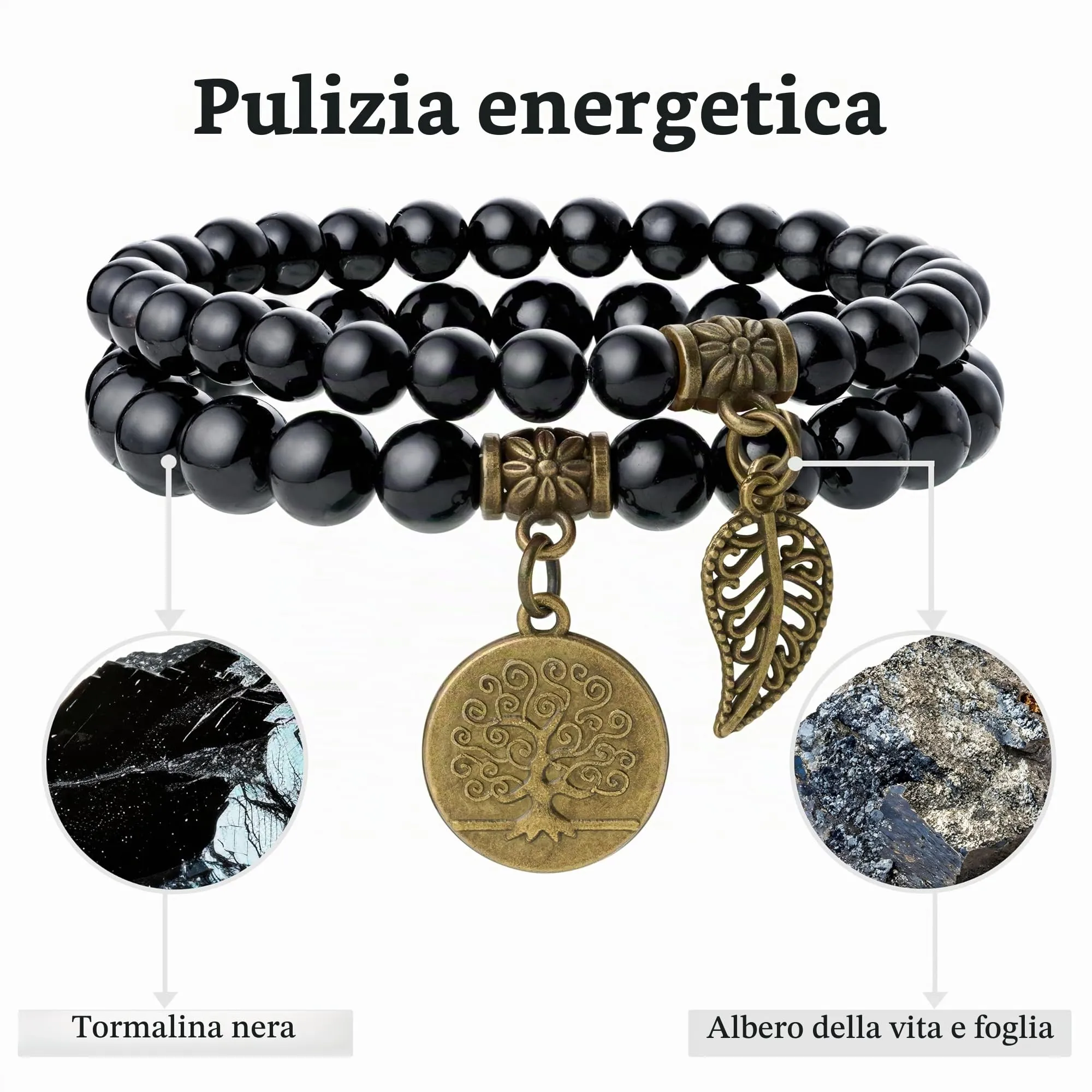 Farfume Bracciali Chakra in Tormalina Nera per Donne, Set Doppio con Pietre Naturali e Ciondolo Life Tree, 21cm - immagine 4