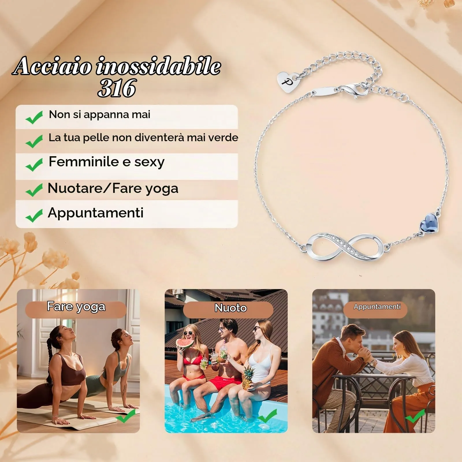 LOUISA SECRET Bracciale Donna Argento 925 Infinito e Cuore con Zirconi (P, Acciaio inossidabile) - immagine 4