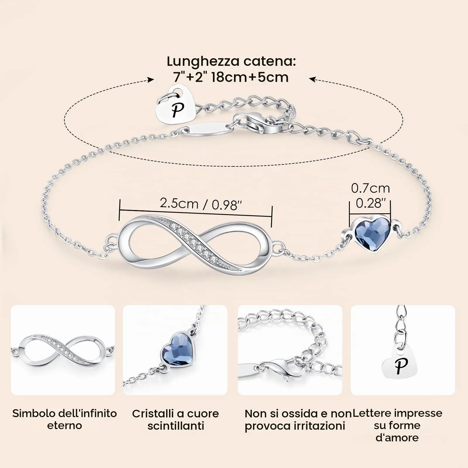 LOUISA SECRET Bracciale Donna Argento 925 Infinito e Cuore con Zirconi (P, Acciaio inossidabile) - immagine 5