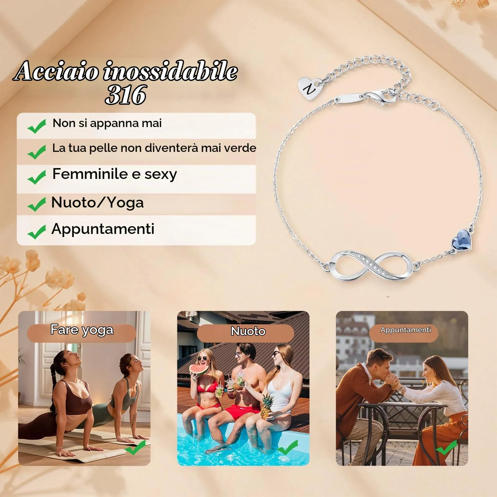 LOUISA SECRET Bracciale Donna Argento 925 Infinito e Cuore con Zirconi (N, Acciaio inossidabile) - immagine 4