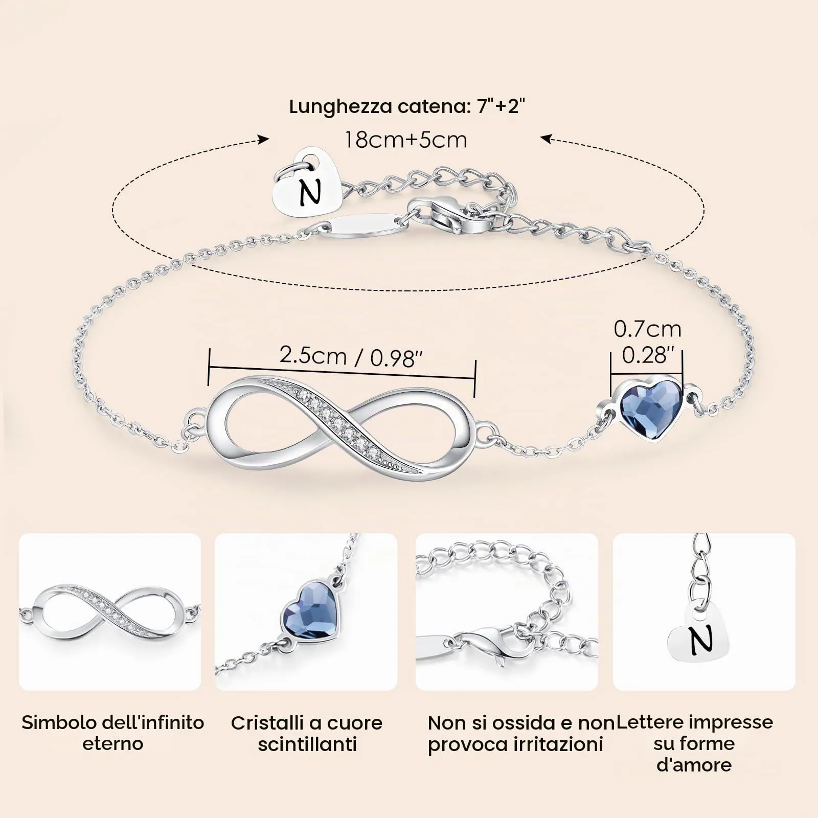 LOUISA SECRET Bracciale Donna Argento 925 Infinito e Cuore con Zirconi (N, Acciaio inossidabile) - immagine 5