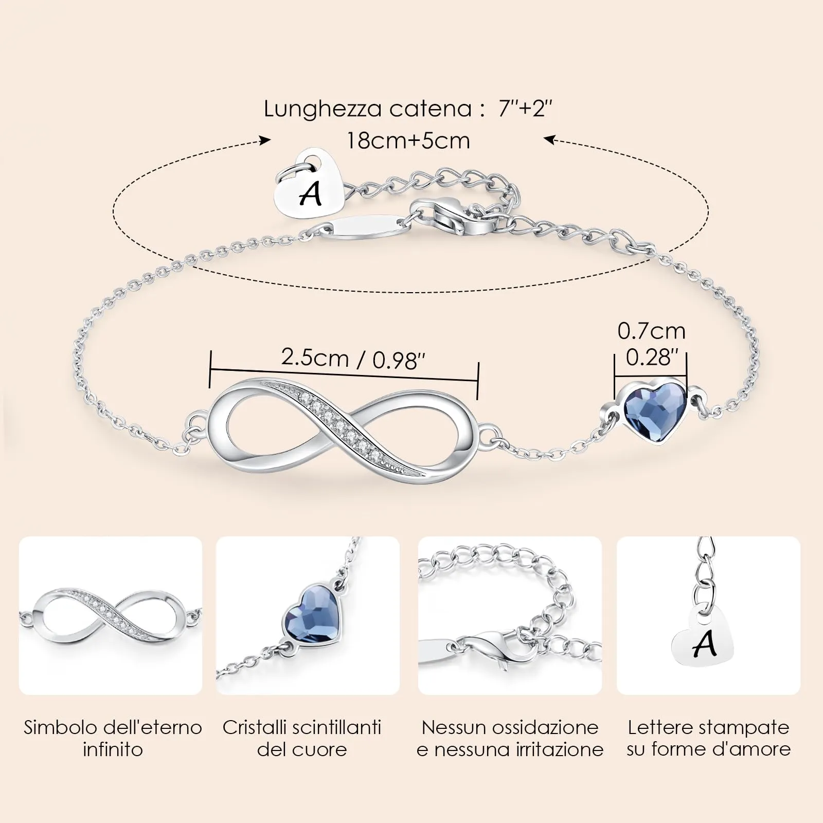 LOUISA SECRET Bracciale Donna Argento 925 Infinito e Cuore con Zirconi (A, Acciaio inossidabile) - immagine 3