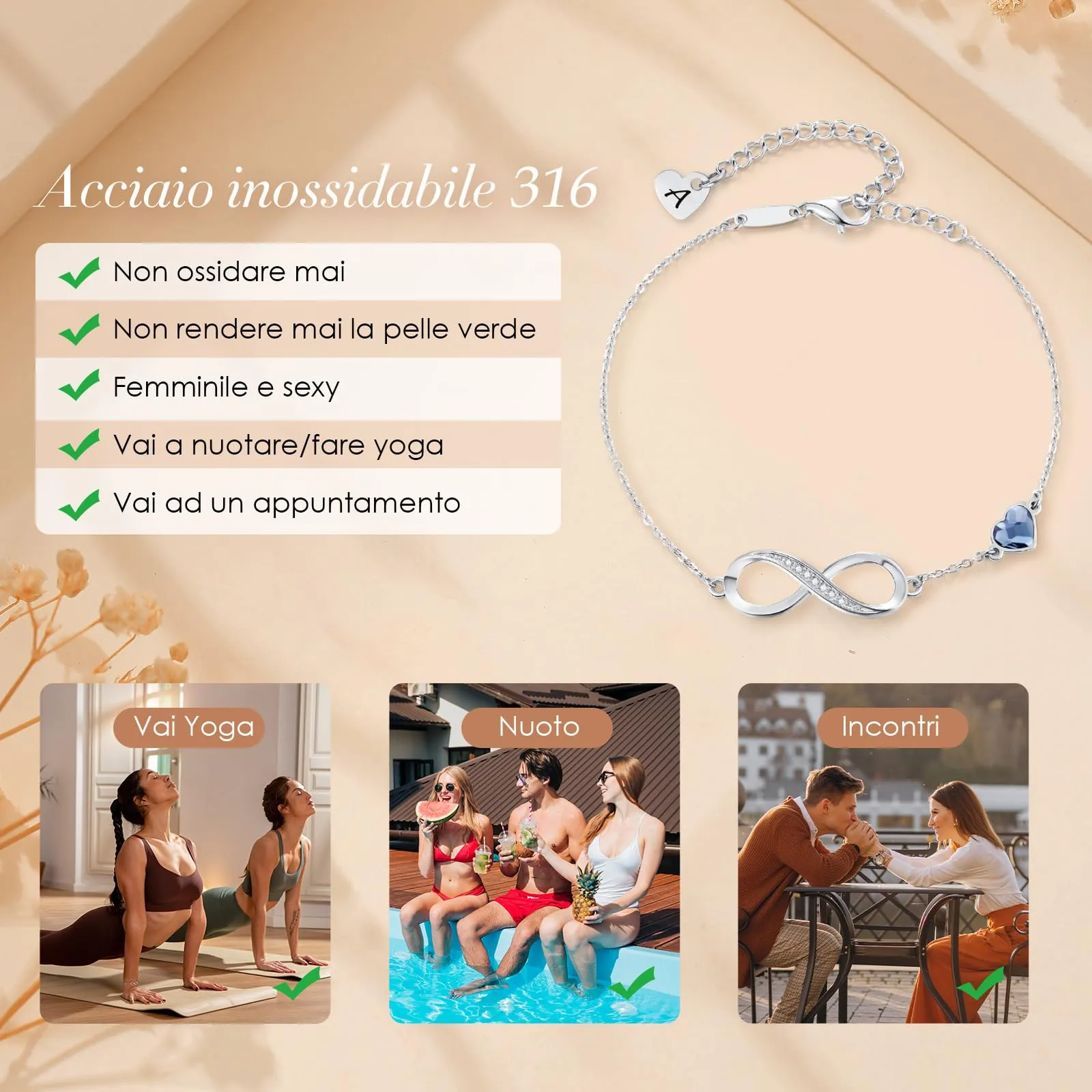 LOUISA SECRET Bracciale Donna Argento 925 Infinito e Cuore con Zirconi (A, Acciaio inossidabile) - immagine 5