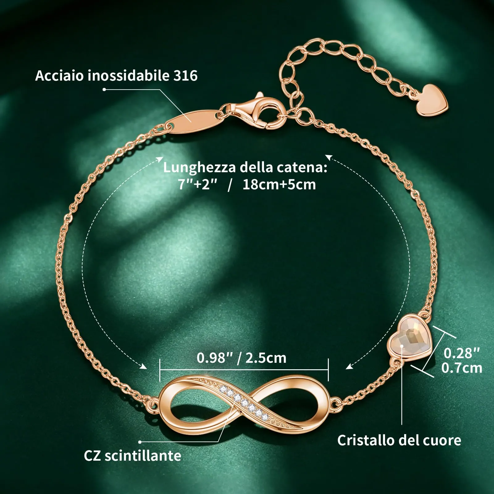 LOUISA SECRET Bracciale Donna Argento 925 Simbolo Infinito e Cuore (Oro Rosa-Giallo) - immagine 3